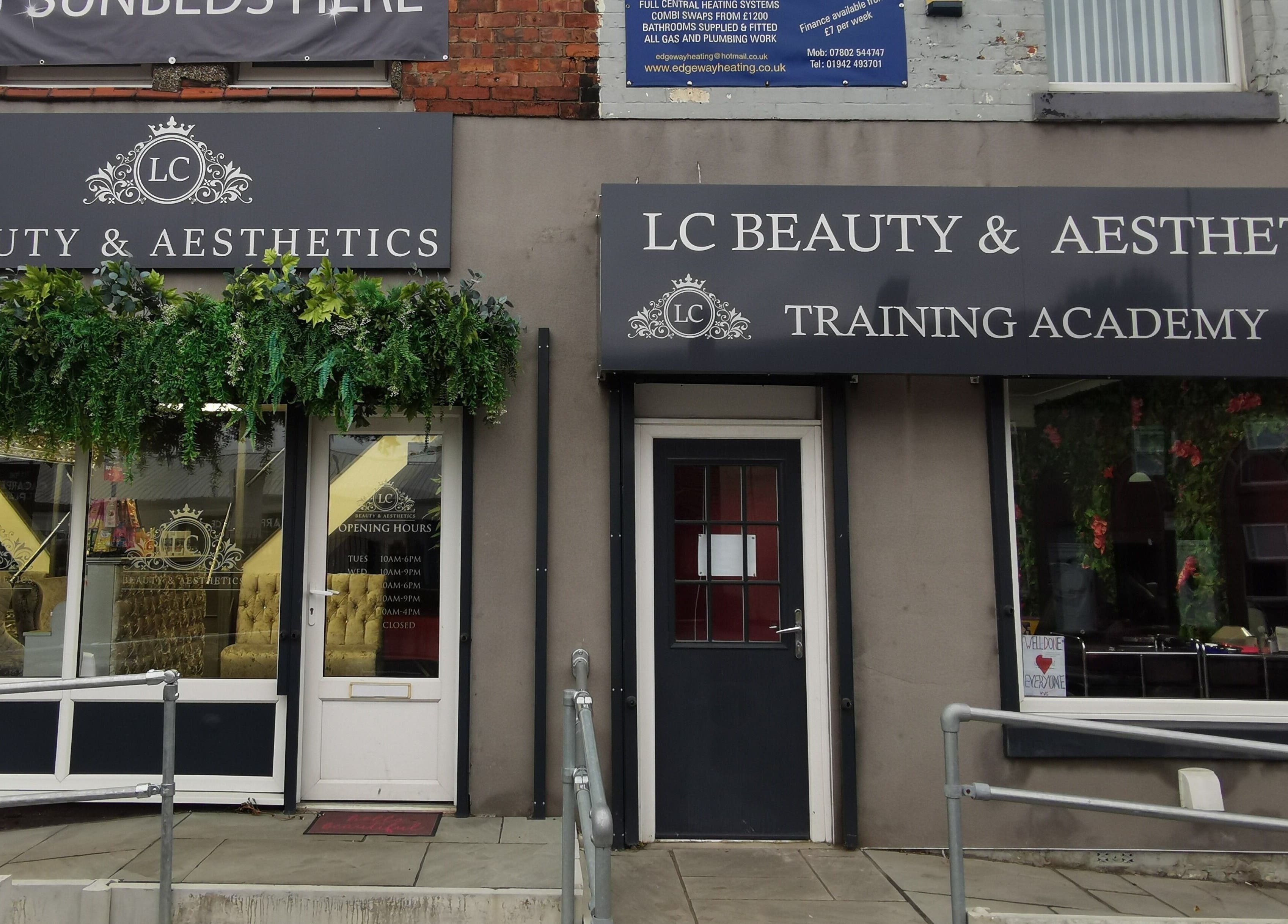 Exterior of L.C Beauty and Aesthetics, featuring lush greenery, in Wigan, England, GB.