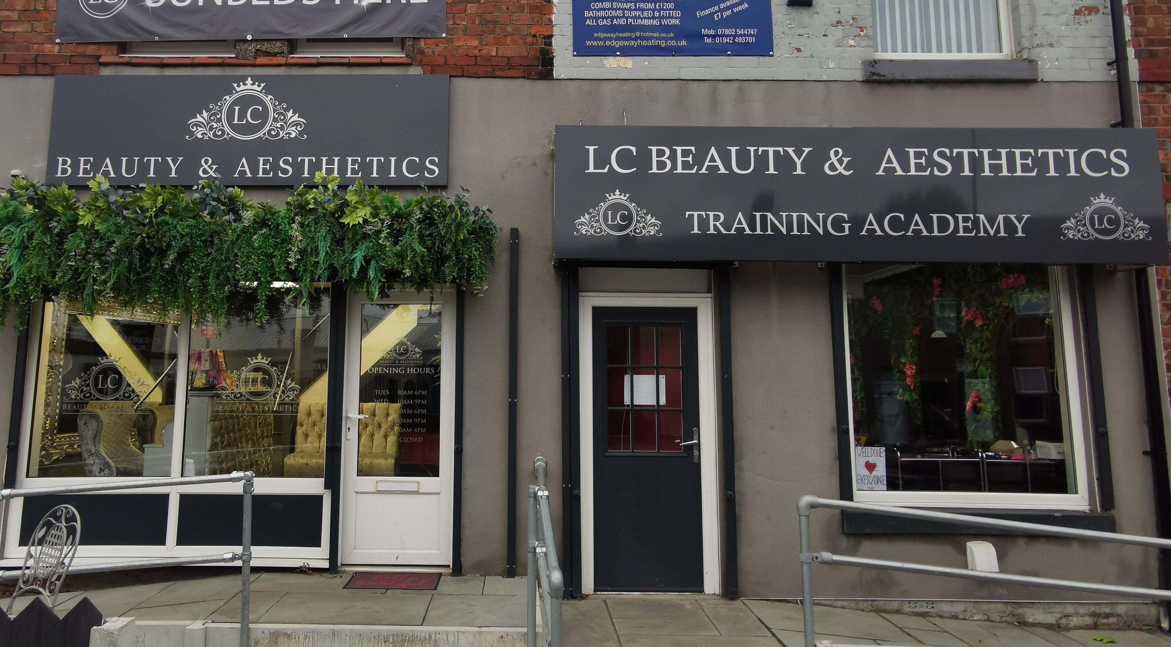 Exterior of L.C Beauty and Aesthetics, featuring lush greenery, in Wigan, England, GB.
