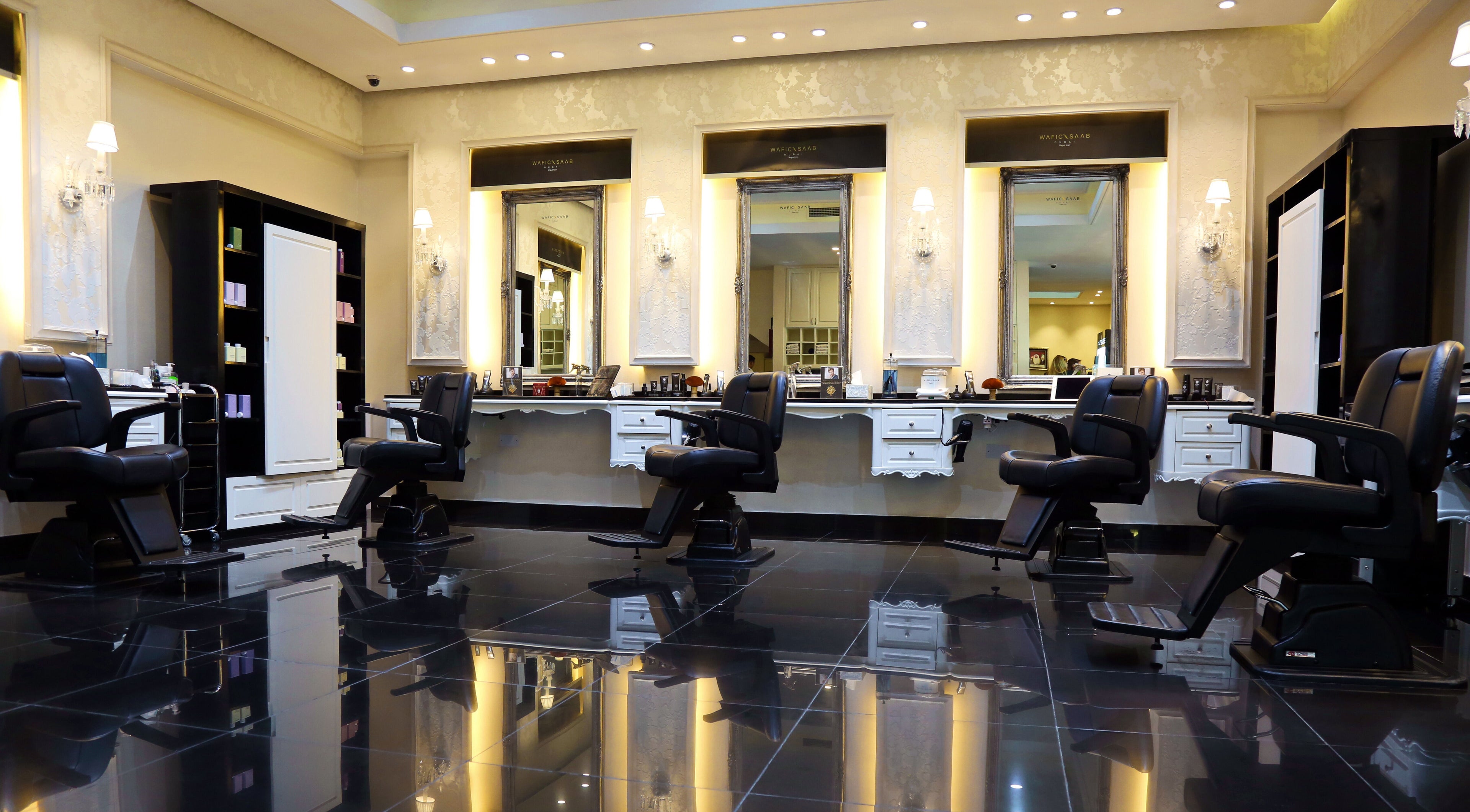 Luxurious salon chairs at VIP Beauty Lounge, Dubai, AE. Perfect setting for beauty and wellness clients.