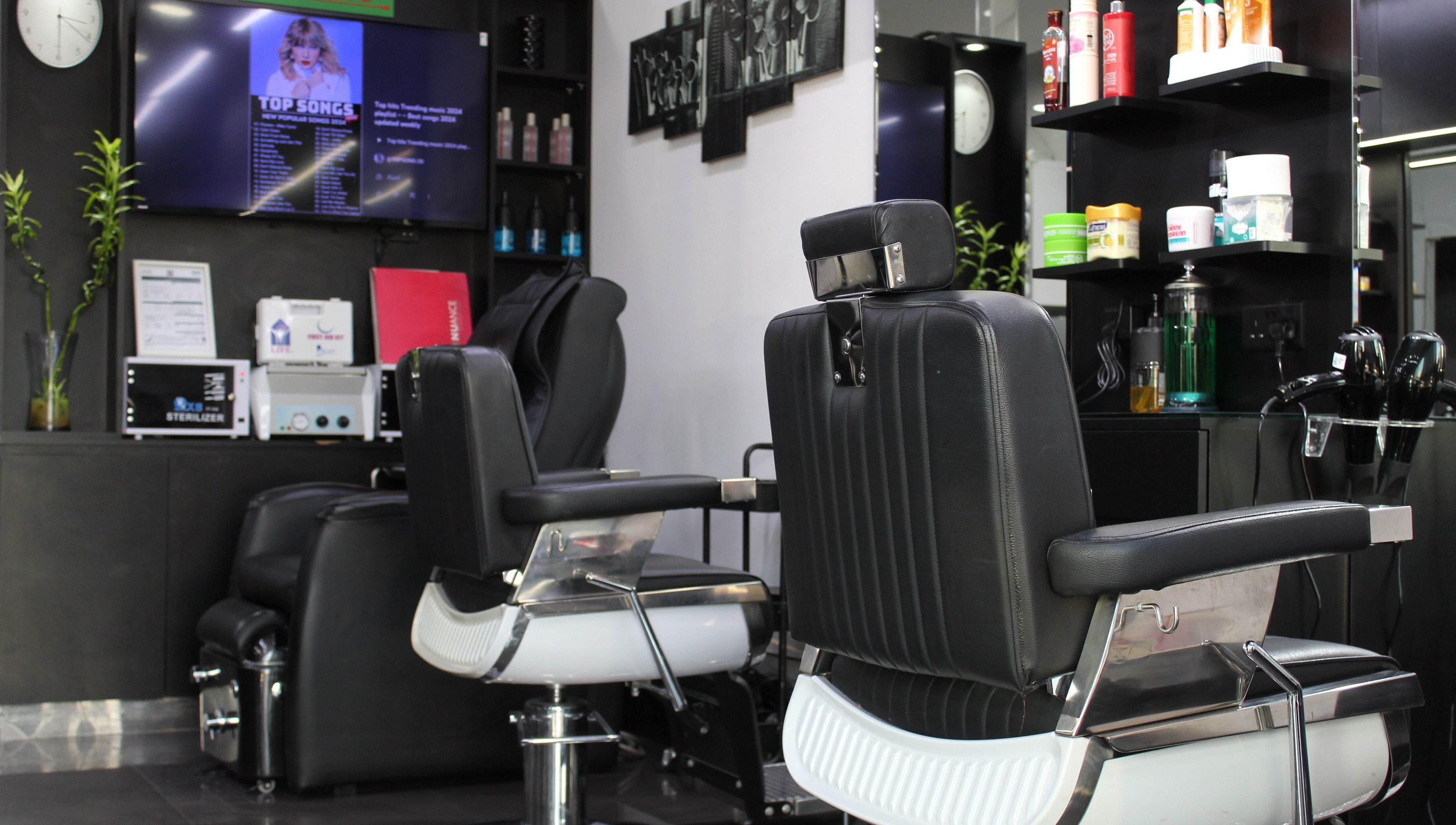 Sleek barber chairs at Matinee Gents Salon, Dubai, AE, showcasing modern design and elegance.