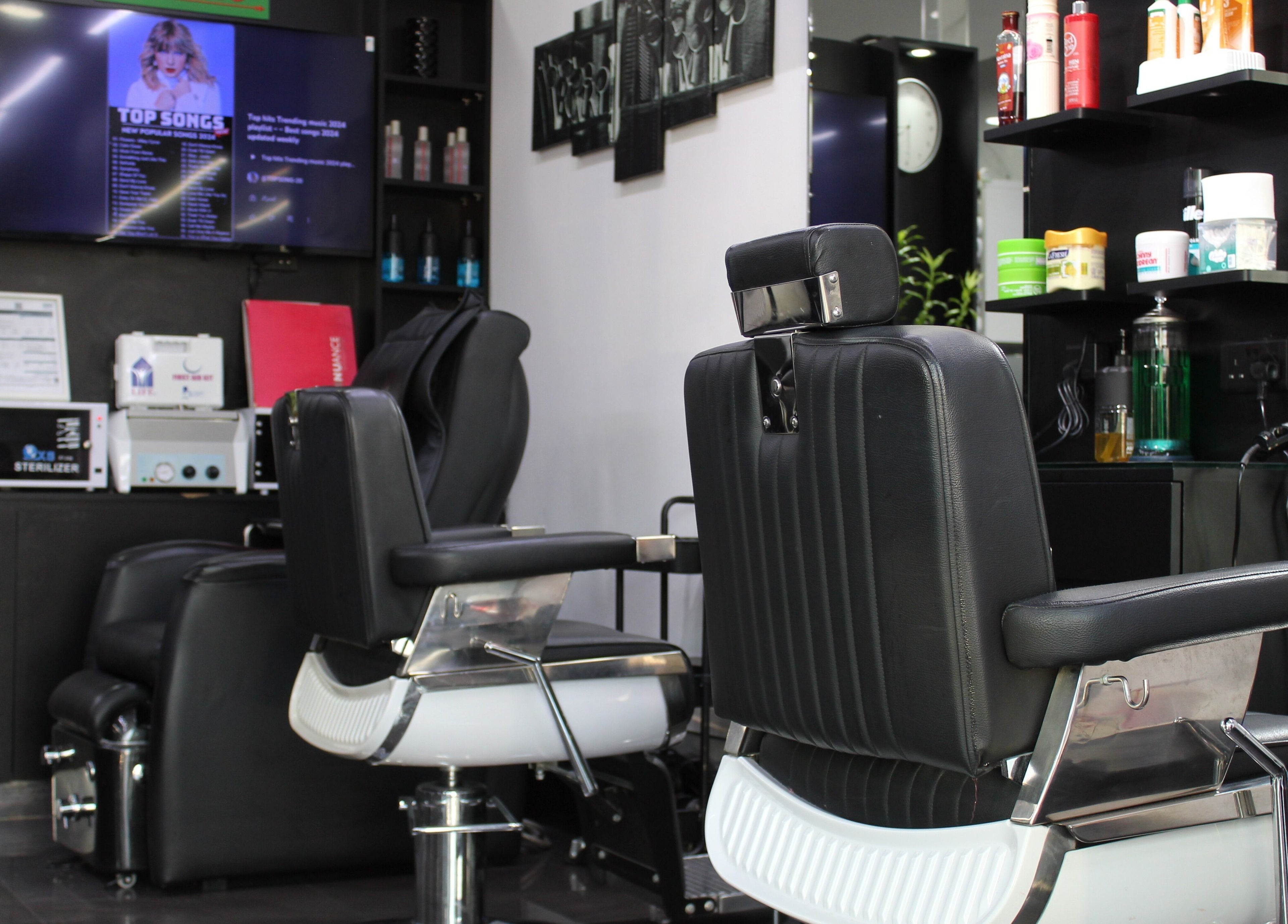 Sleek barber chairs at Matinee Gents Salon, Dubai, AE, showcasing modern design and elegance.