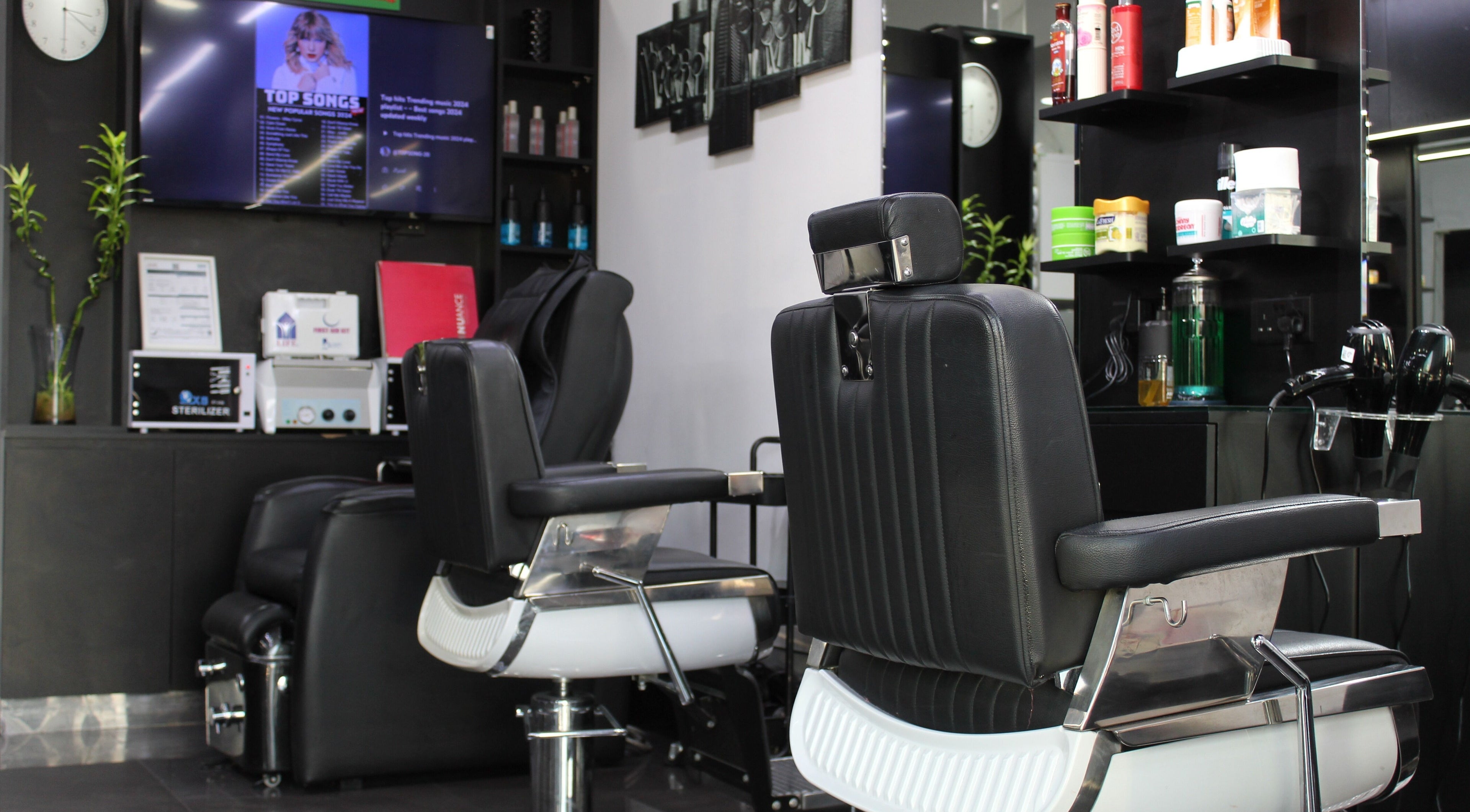 Sleek barber chairs at Matinee Gents Salon, Dubai, AE, showcasing modern design and elegance.