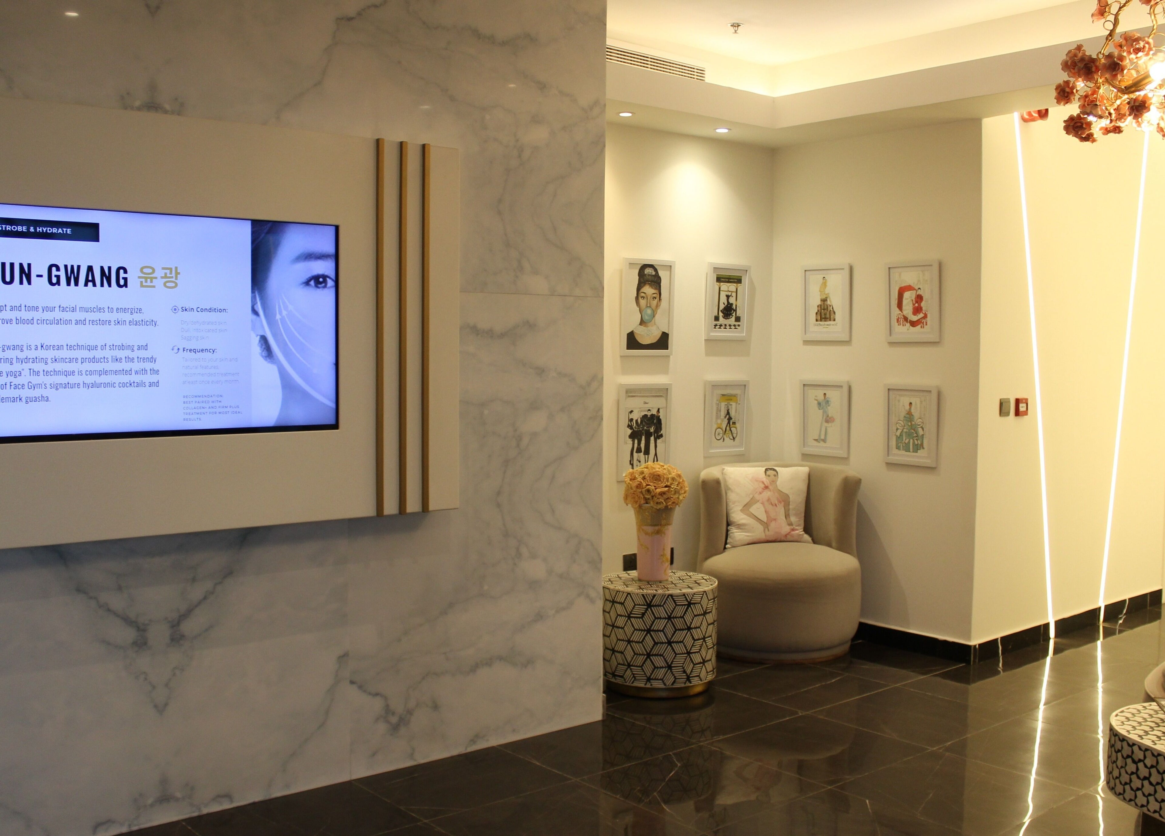 Chic lounge at Skin Glow Facial Center, Abu Dhabi, AE featuring modern decor and soft lighting.