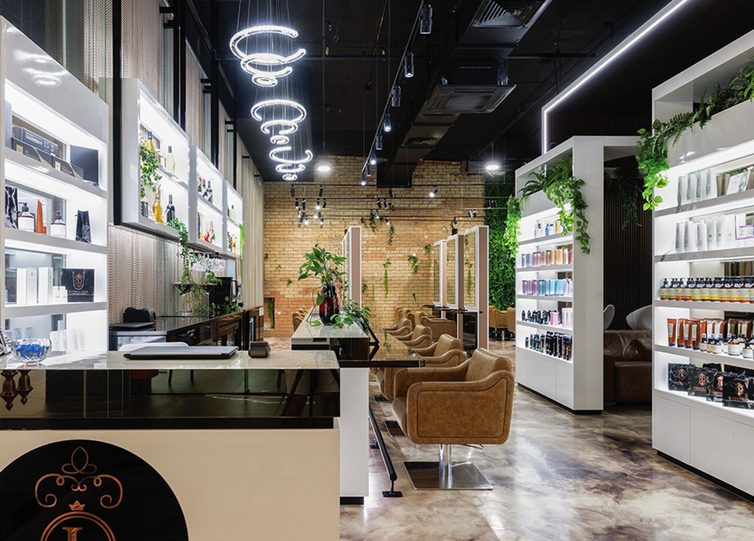 Modern interior of Luppinos Boutique in West End, Queensland, AU, featuring sleek shelves with beauty products.