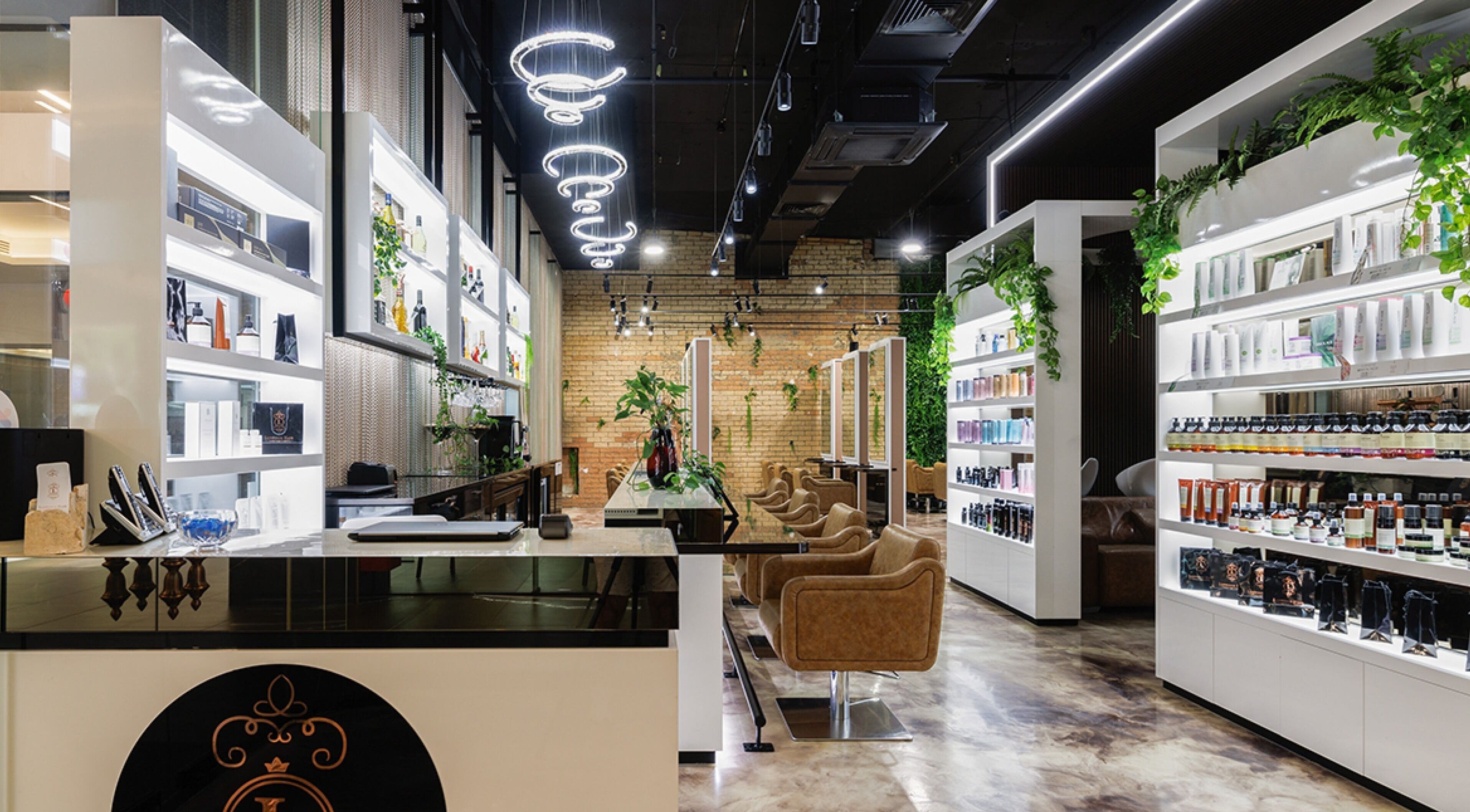 Modern interior of Luppinos Boutique in West End, Queensland, AU, featuring sleek shelves with beauty products.