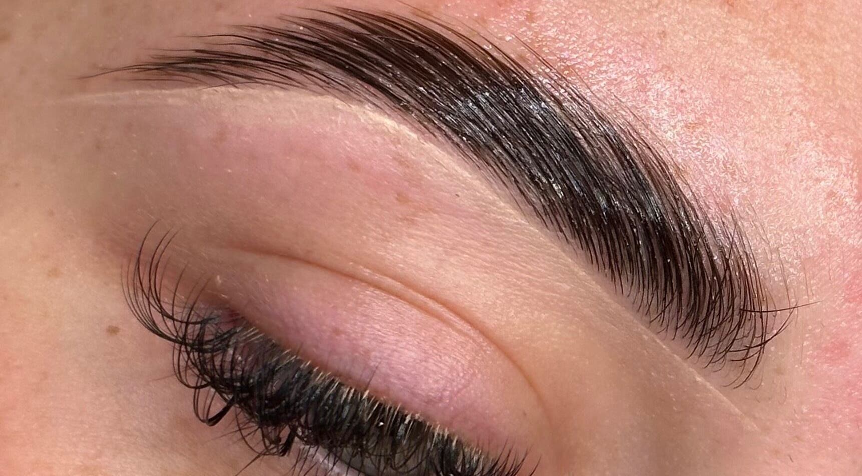 Close-up of expertly shaped brows and lashes from AR Lashes and Brows in Crayford, England, GB.