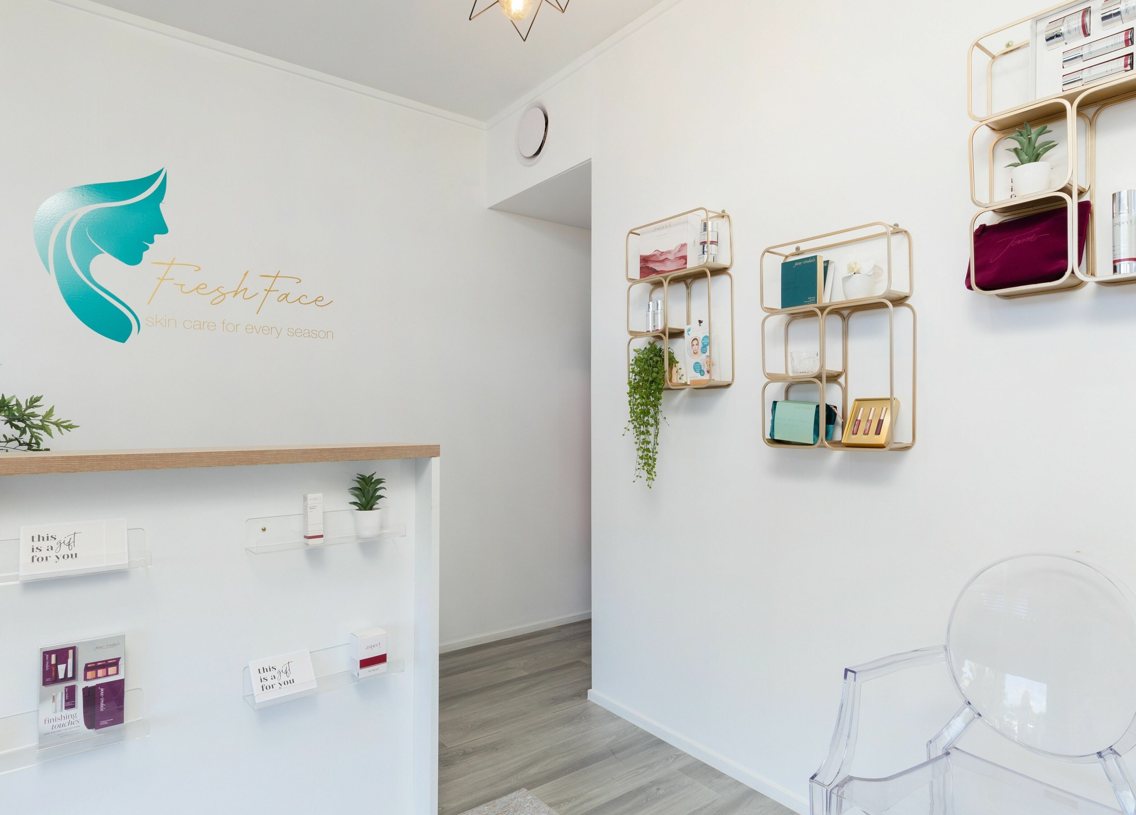 Bright, modern interior of Fresh Face Australia in Oxenford, Queensland, AU showcasing skincare products.