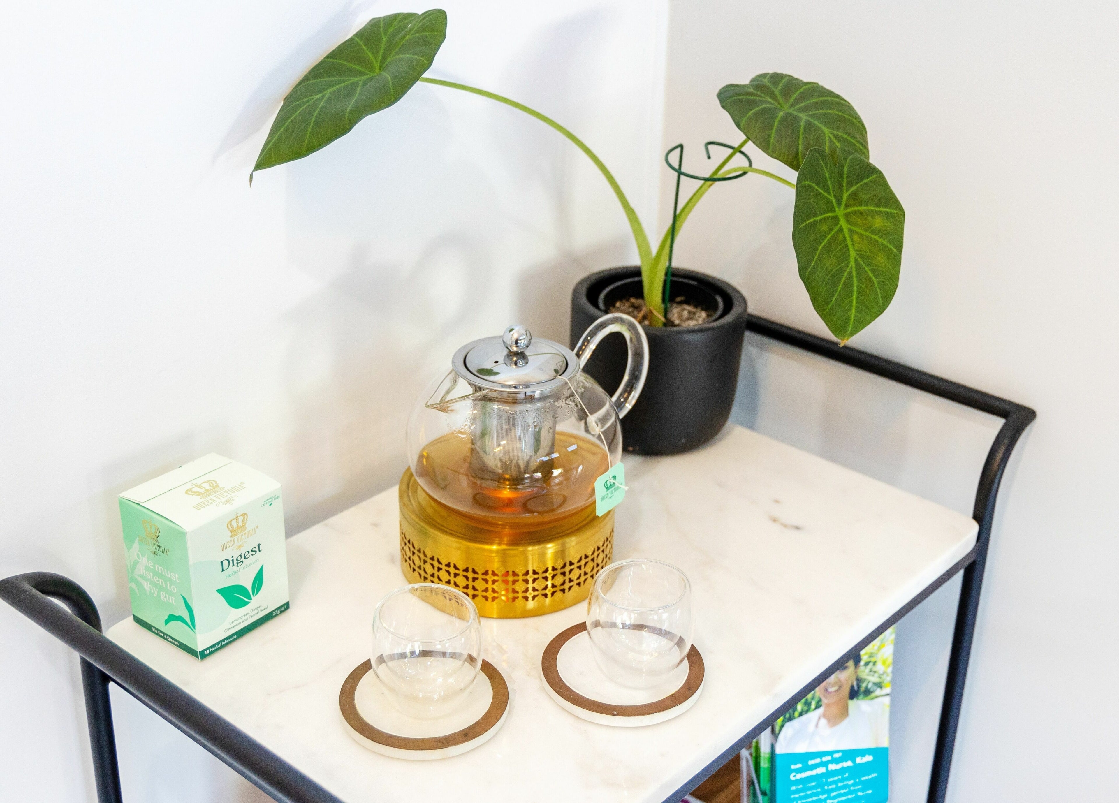 Tea setup with glass teapot and plant at Fresh Face Australia in Oxenford, Queensland, AU.