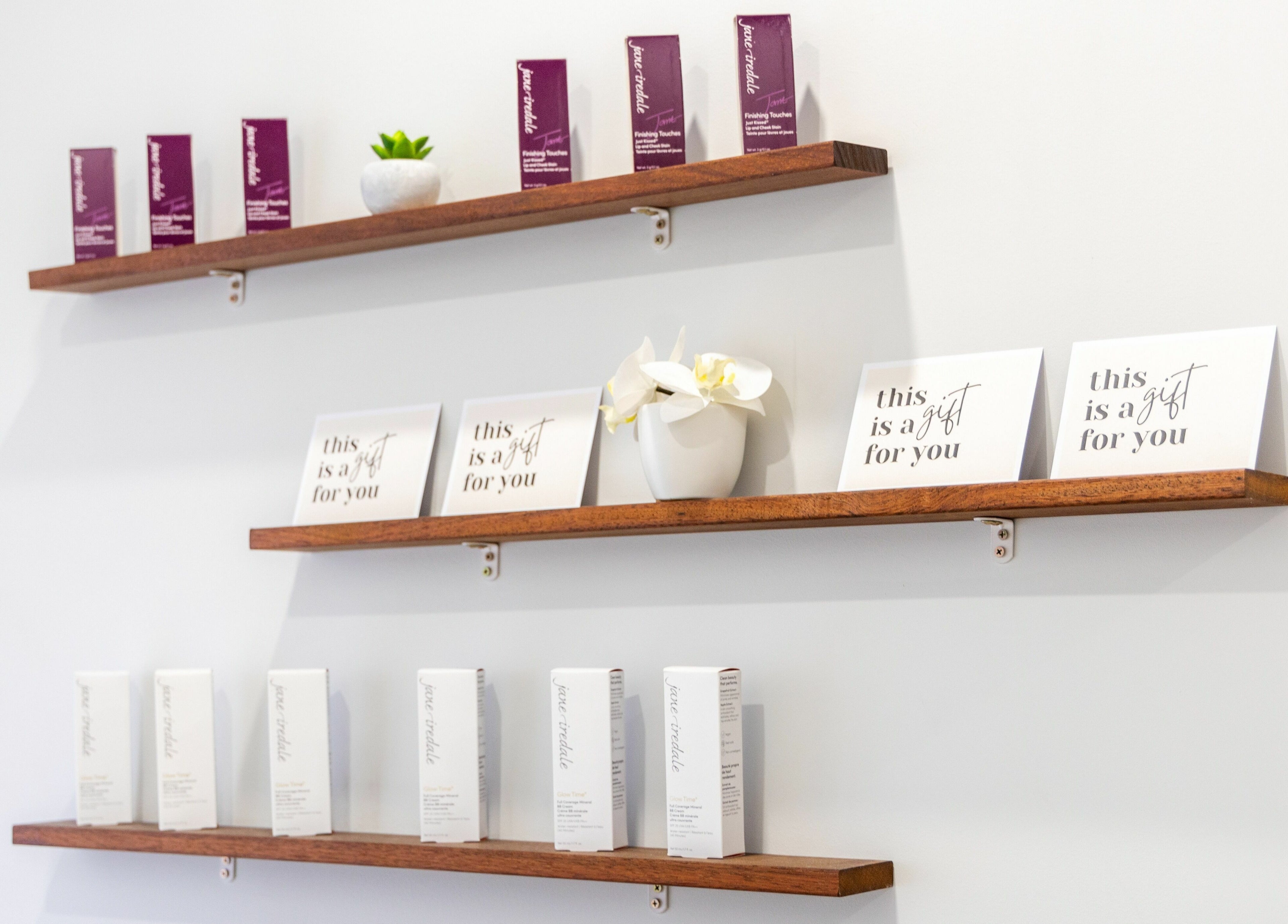 Shelves with beauty products and gifts at Fresh Face Australia, Oxenford, Queensland, AU.