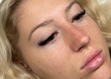 Close-up of eyelash extensions at EK Beauty, Fareham, England, GB, showcasing detailed lash work.
