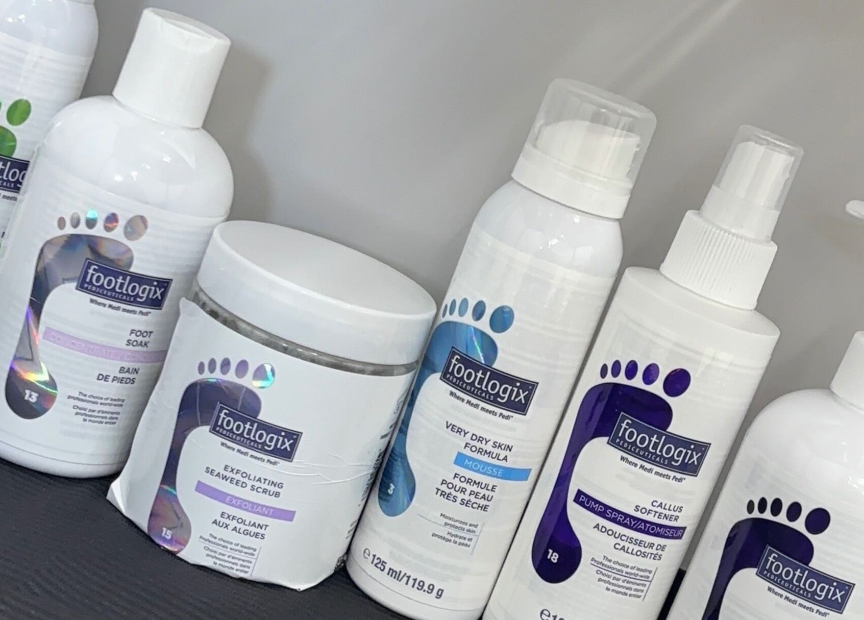 Footlogix products lined up at Nails by Katelyn, Ardfinnan, IE for optimal foot care solutions.