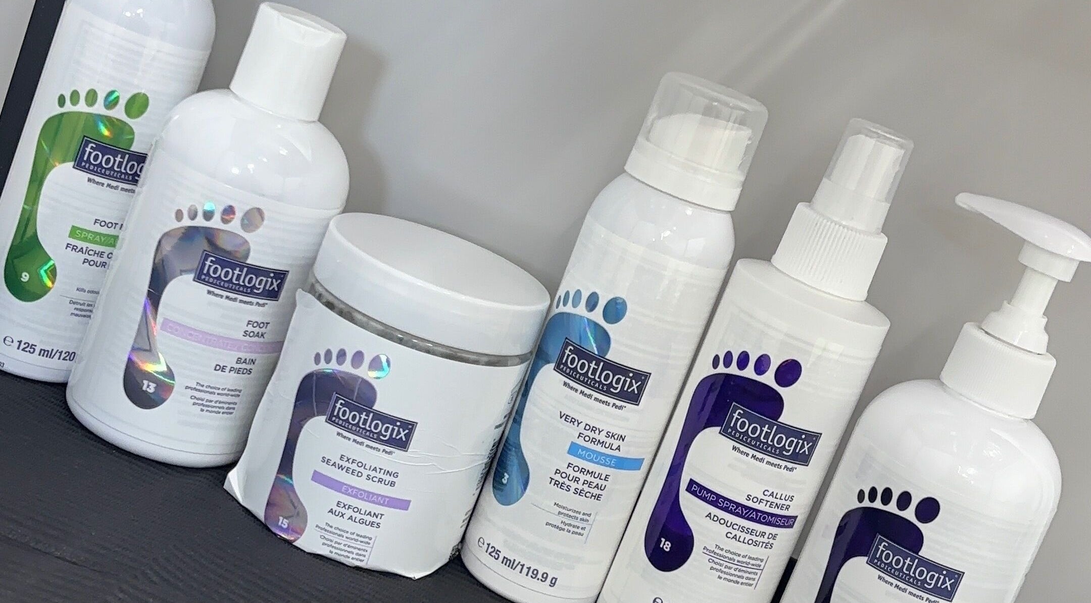 Footlogix products lined up at Nails by Katelyn, Ardfinnan, IE for optimal foot care solutions.