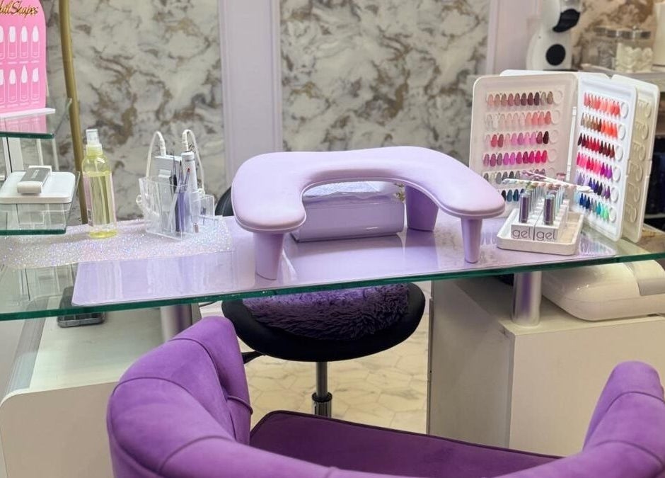 Nail station with lavender accents at Plagued With Gelousy, 3A Watergate Arcade SY13 1DP, Whitchurch, England, GB.