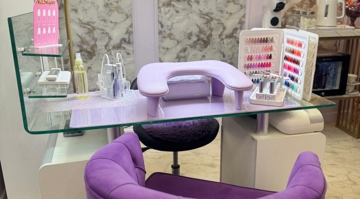 Nail station with lavender accents at Plagued With Gelousy, 3A Watergate Arcade SY13 1DP, Whitchurch, England, GB.
