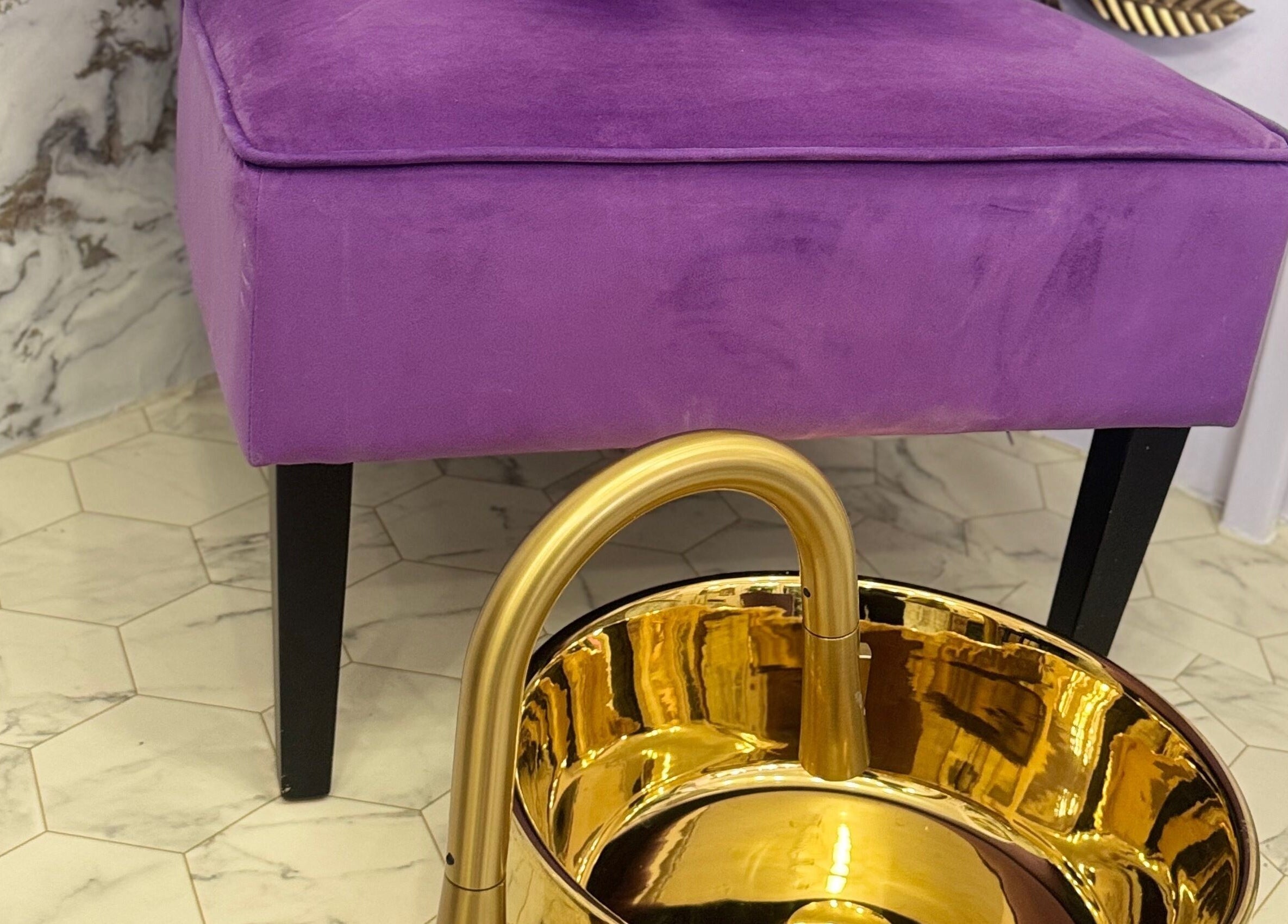 Luxurious purple chair with golden basin at Plagued With Gelousy, 3A Watergate Arcade SY13 1DP, Whitchurch, England, GB.