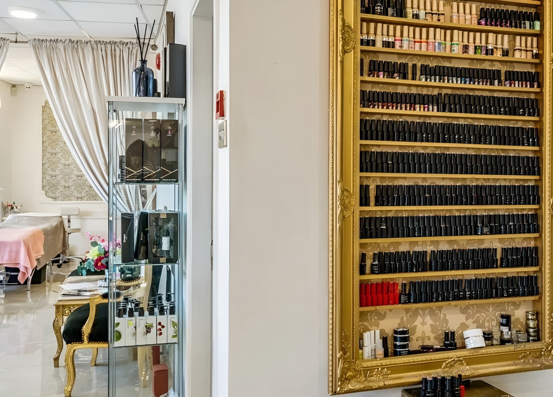 Luxurious interior at Fifty Shades Nails and Beauty, Dublin, County Dublin, IE, with elegant decor and nail polishes.