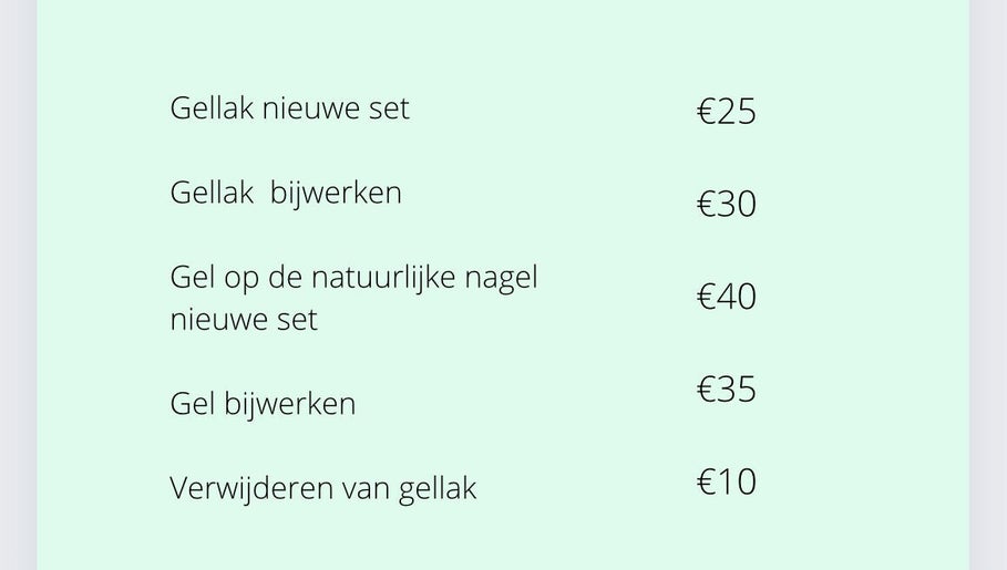 Gellak prijslijst bij BeautyWorkz in Burgh-haamstede, Zeeland, NL toont verschillende manicure prijzen.