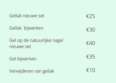 Gellak prijslijst bij BeautyWorkz in Burgh-haamstede, Zeeland, NL toont verschillende manicure prijzen.