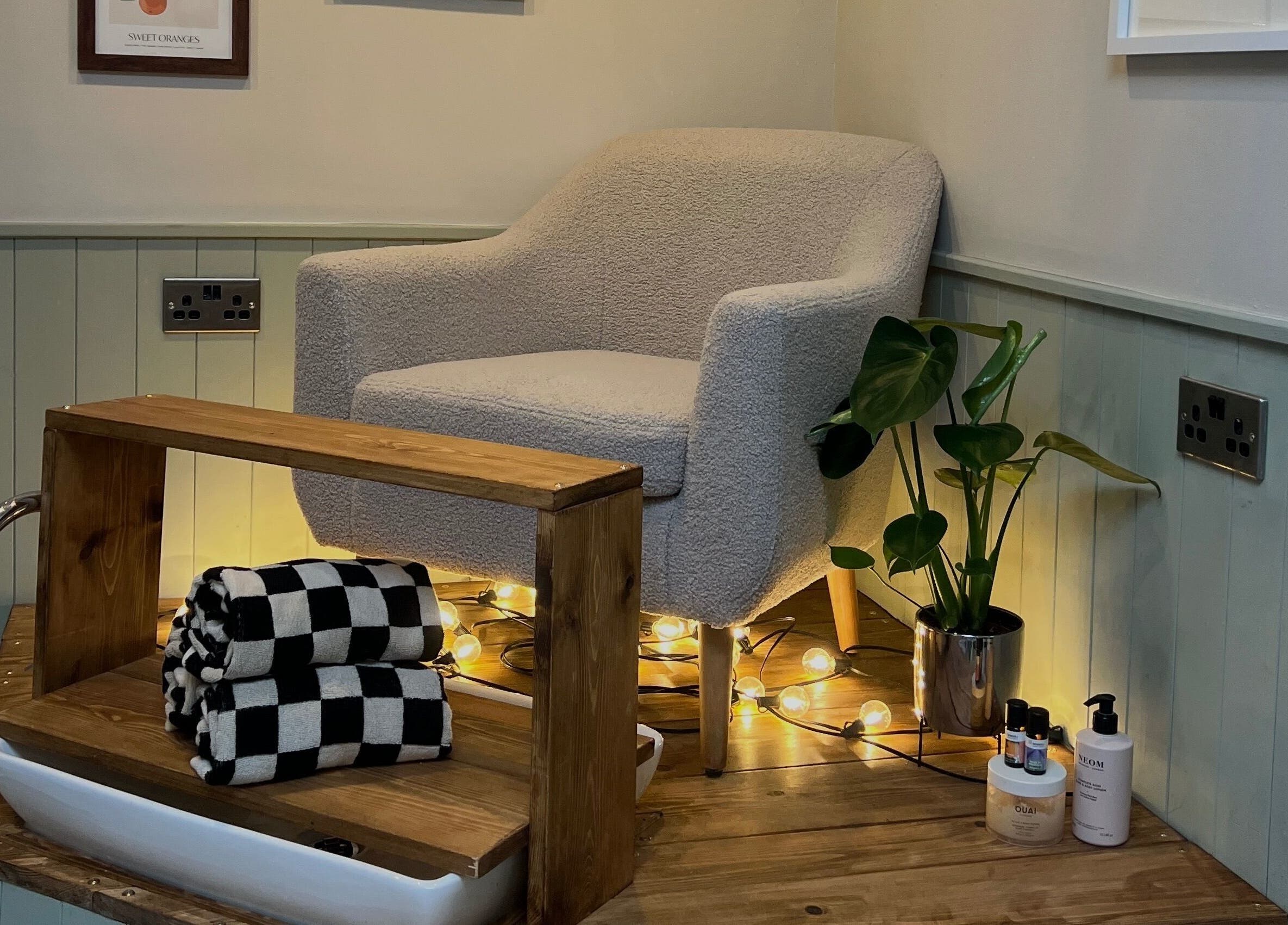 Comfortable pedicure chair at The Nail Studio with Lauren, Southport, England, GB, surrounded by relaxing decor.