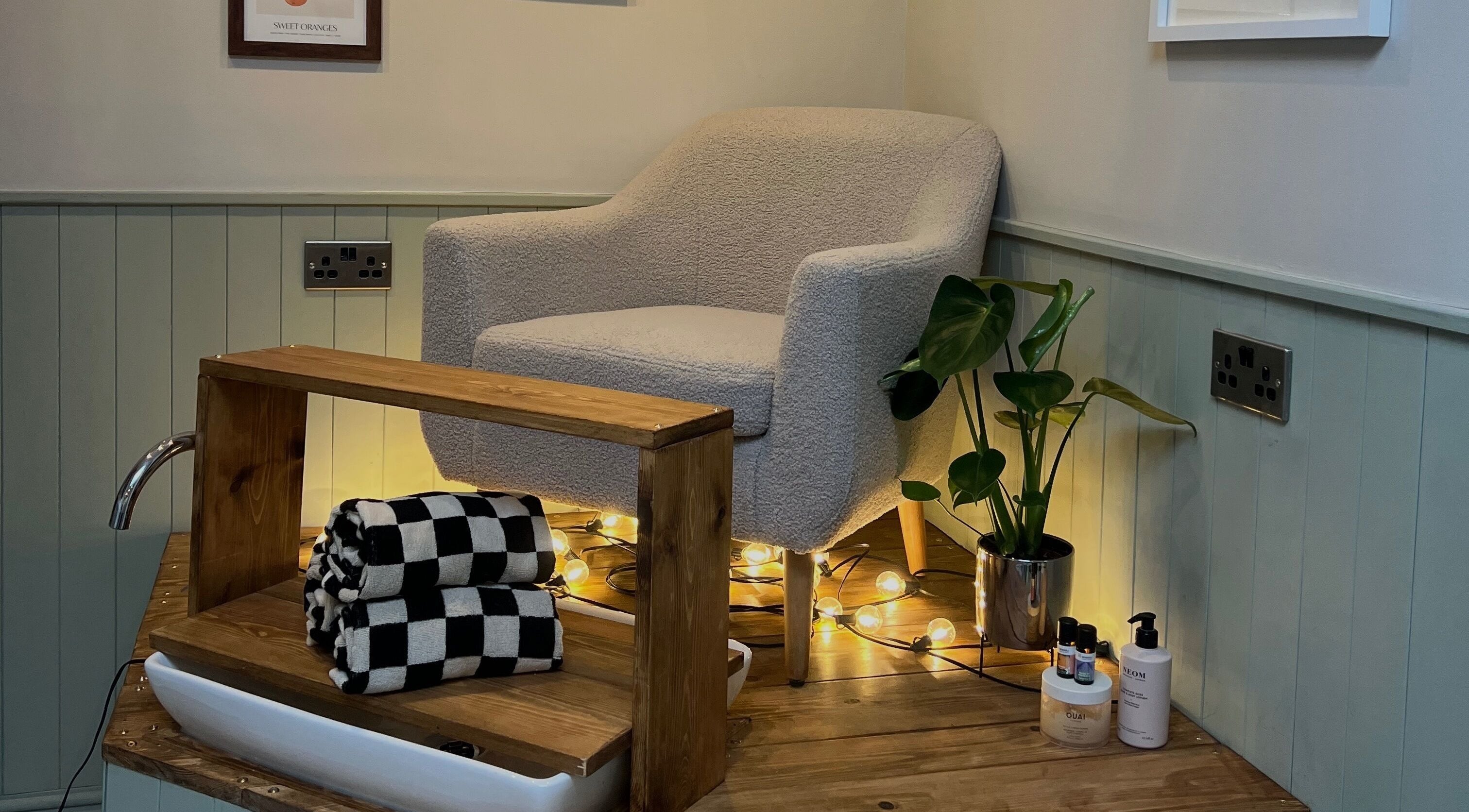Comfortable pedicure chair at The Nail Studio with Lauren, Southport, England, GB, surrounded by relaxing decor.