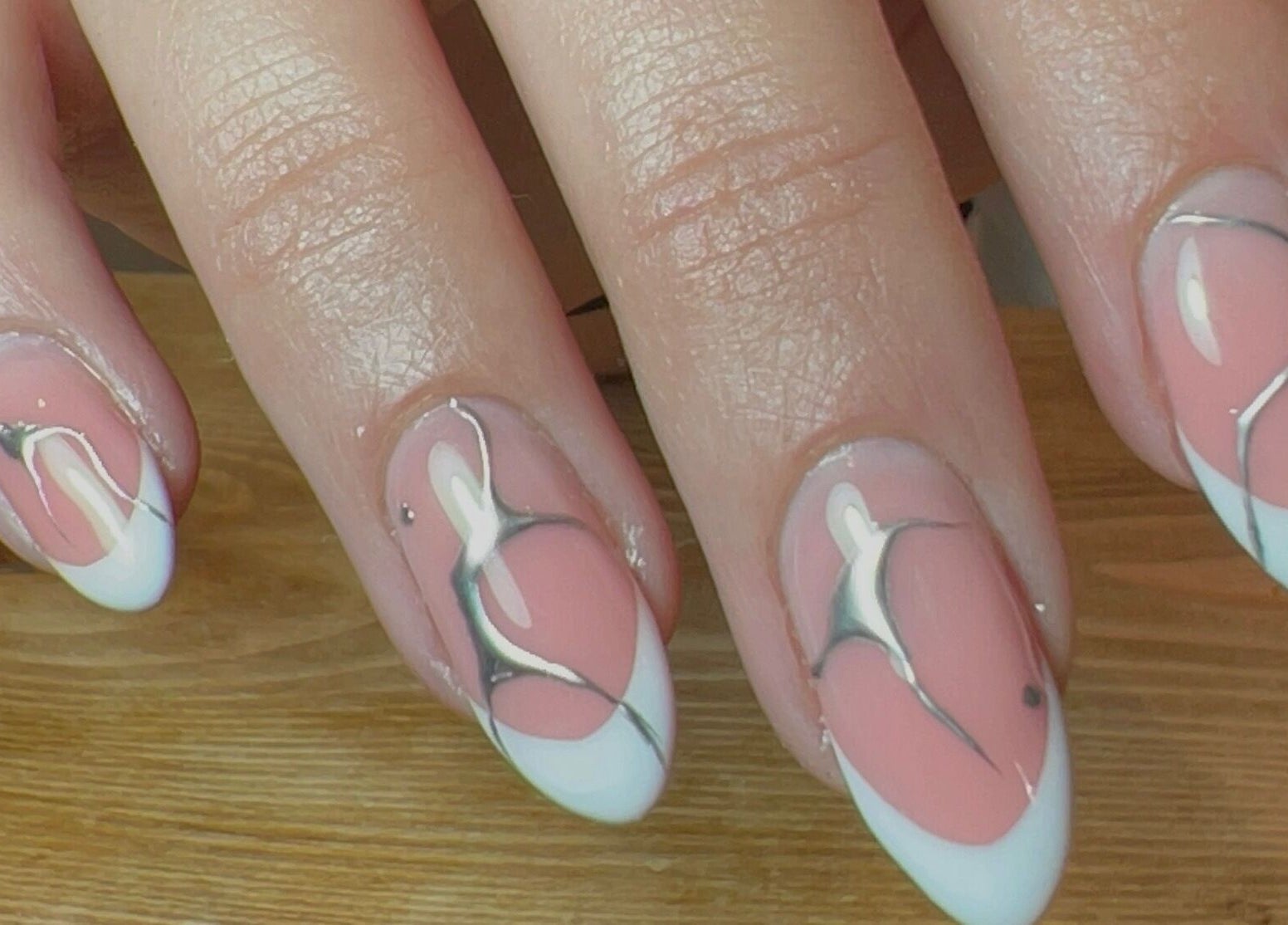 Chic nail art featuring pink and white designs from The Nail Studio with Lauren in Southport, England, GB.