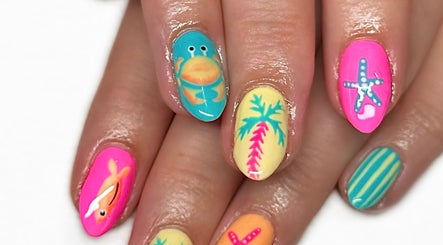 Vibrant tropical nail art at Nailed It with Jess, Ledbury, England, GB showcasing colorful designs.