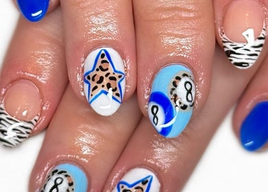 Creative nail art featuring stars and patterns at Nailed It With Jess, Ledbury, England, GB.