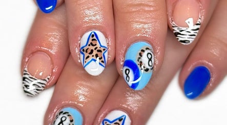 Creative nail art featuring stars and patterns at Nailed It With Jess, Ledbury, England, GB.