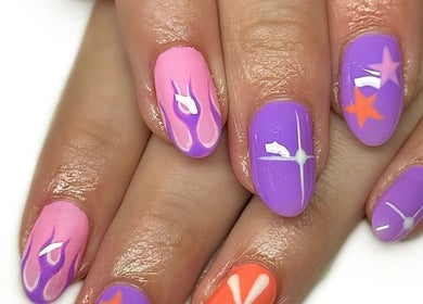 Colorful and creative nail art design at Nailed It With Jess, Ledbury, England, GB. Featuring purple and pink styles.