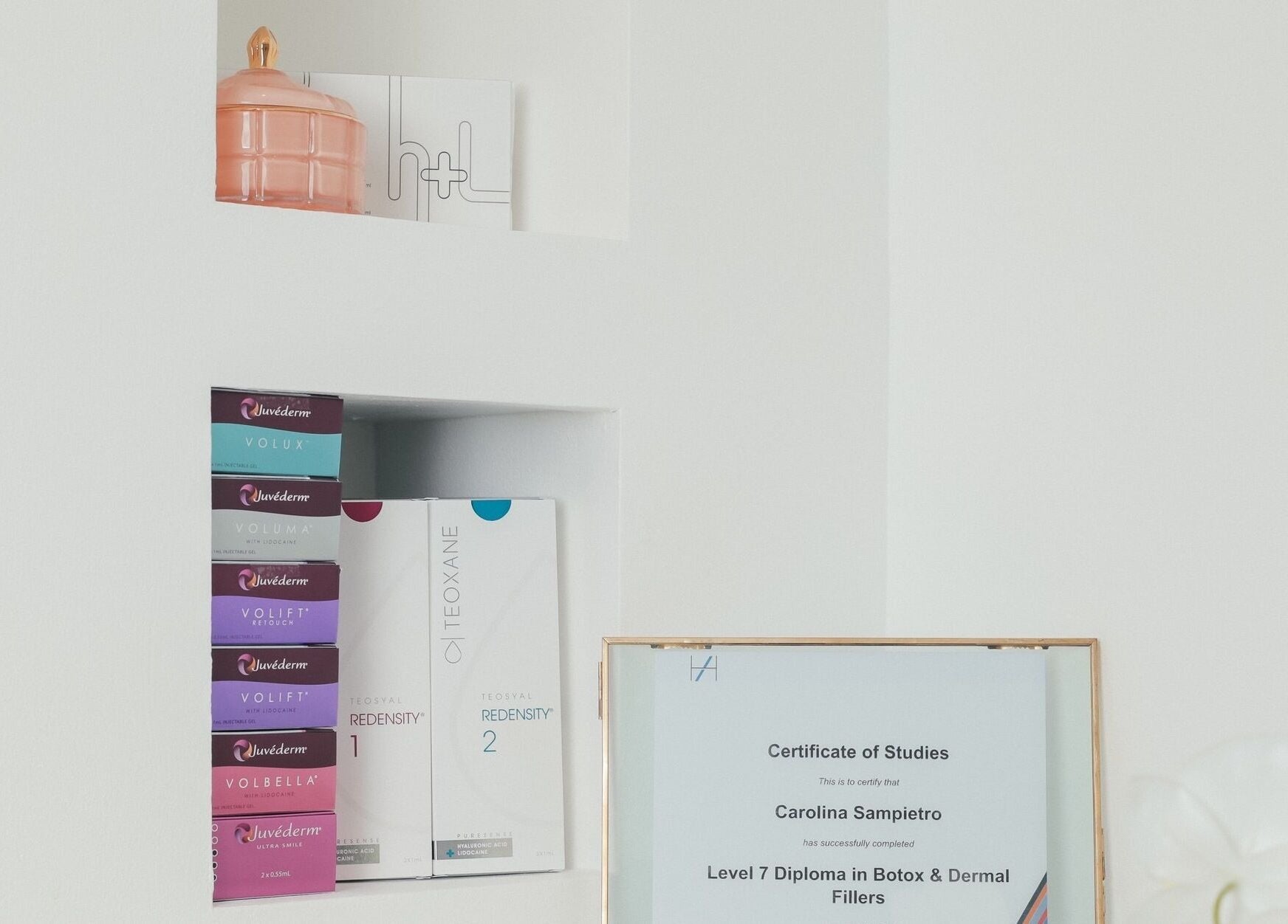 Dermal filler boxes and certificate at CS Aesthetic Injector Nurse Knowle Village in Knowle, England, GB.