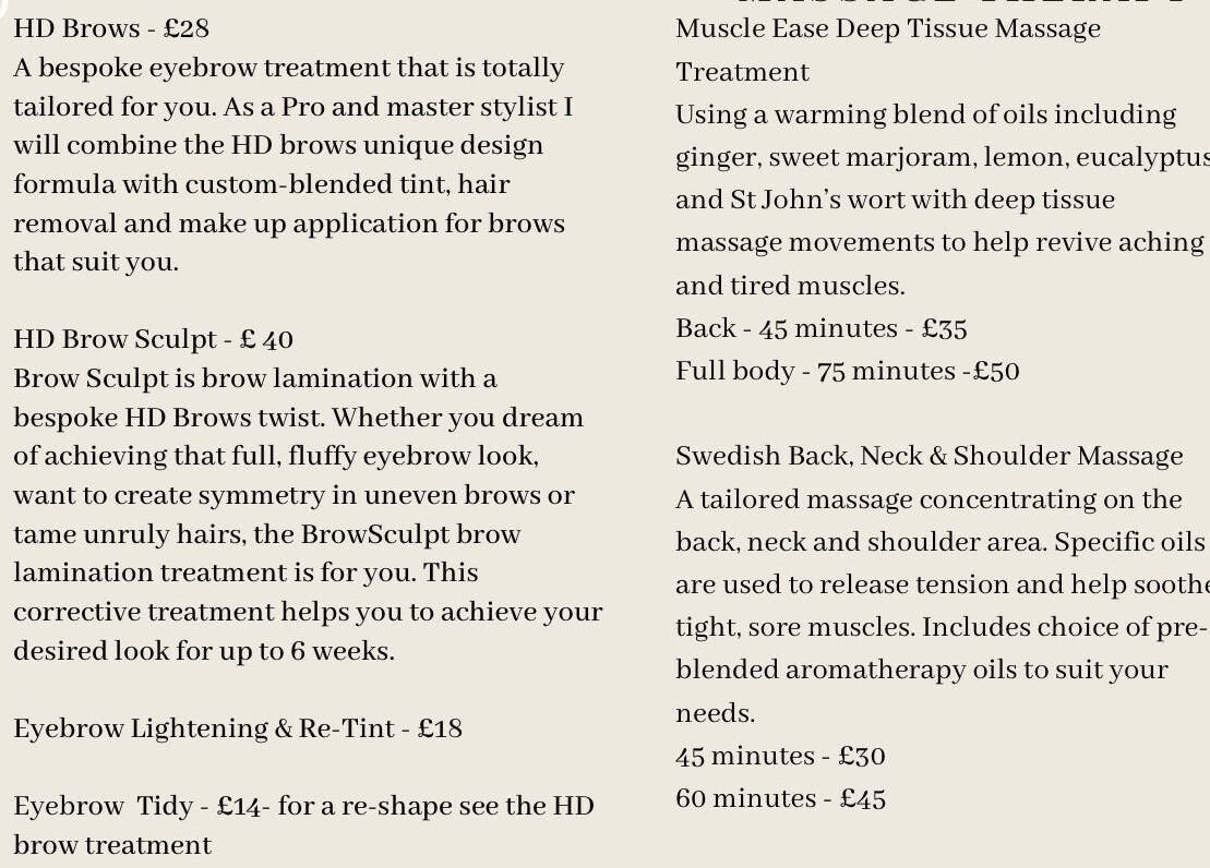 Service menu at Lucymullerbeauty, Leeds, England, GB featuring HD brows, massages, and eyebrow treatments.