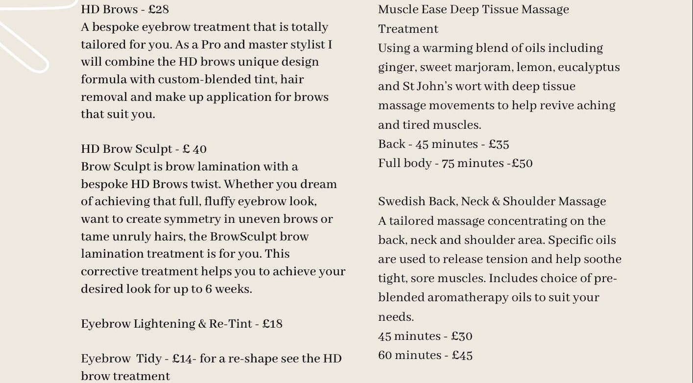 Service menu at Lucymullerbeauty, Leeds, England, GB featuring HD brows, massages, and eyebrow treatments.
