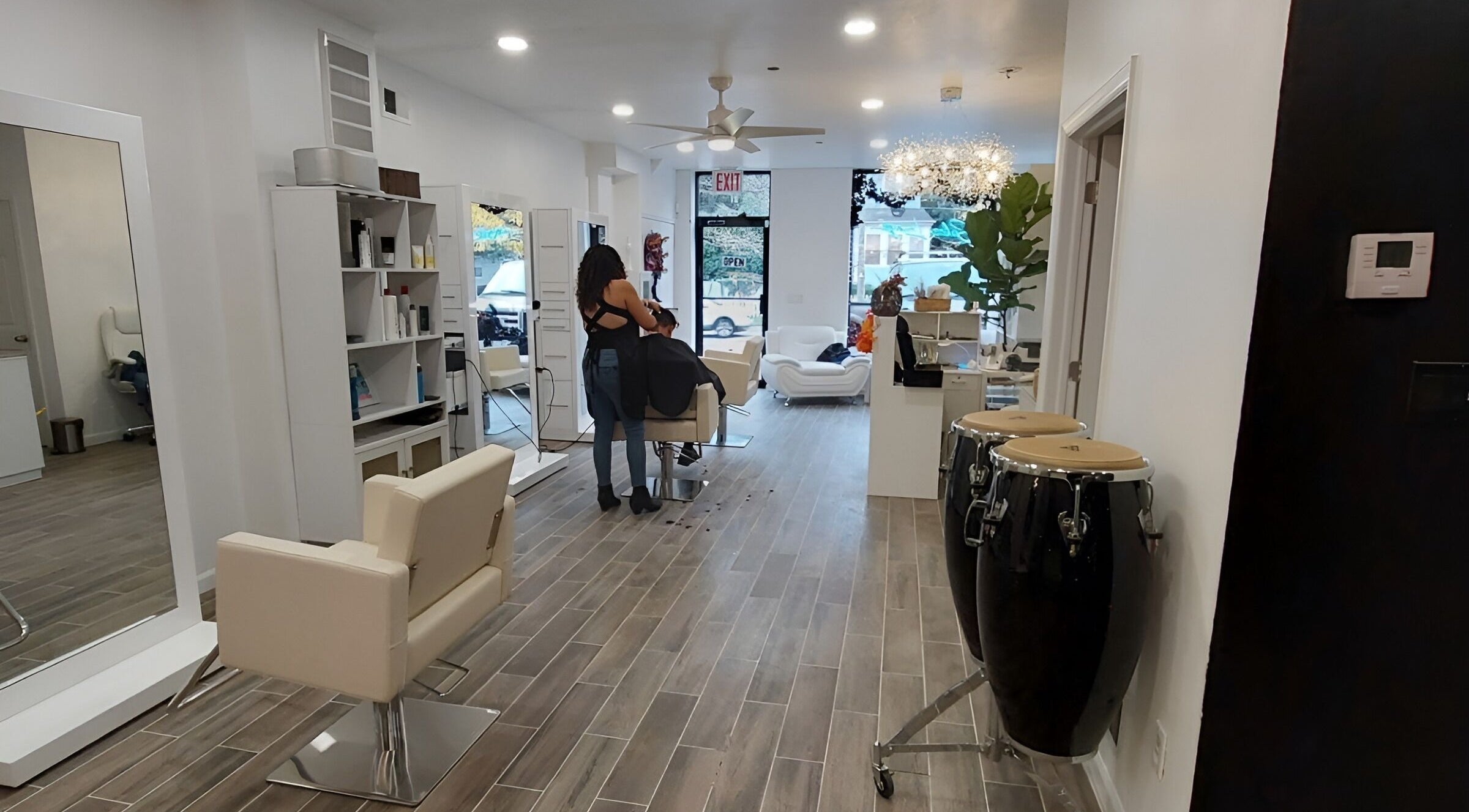 Modern interior of Salon Lounge in New York, New York, US with stylish seating and vibrant decor.