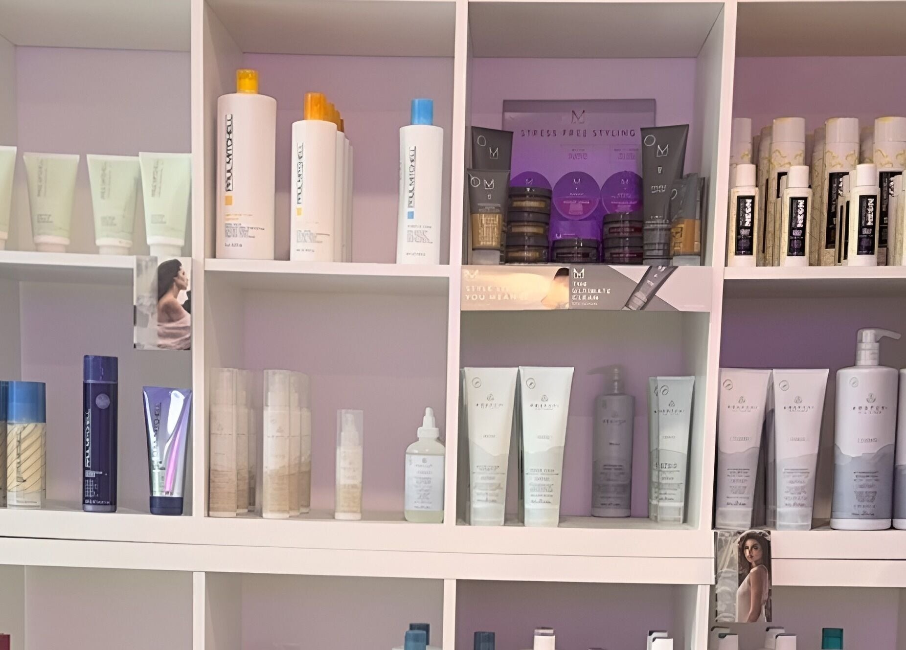 Variety of beauty products displayed on shelves at Salon Lounge, New York, New York, US.