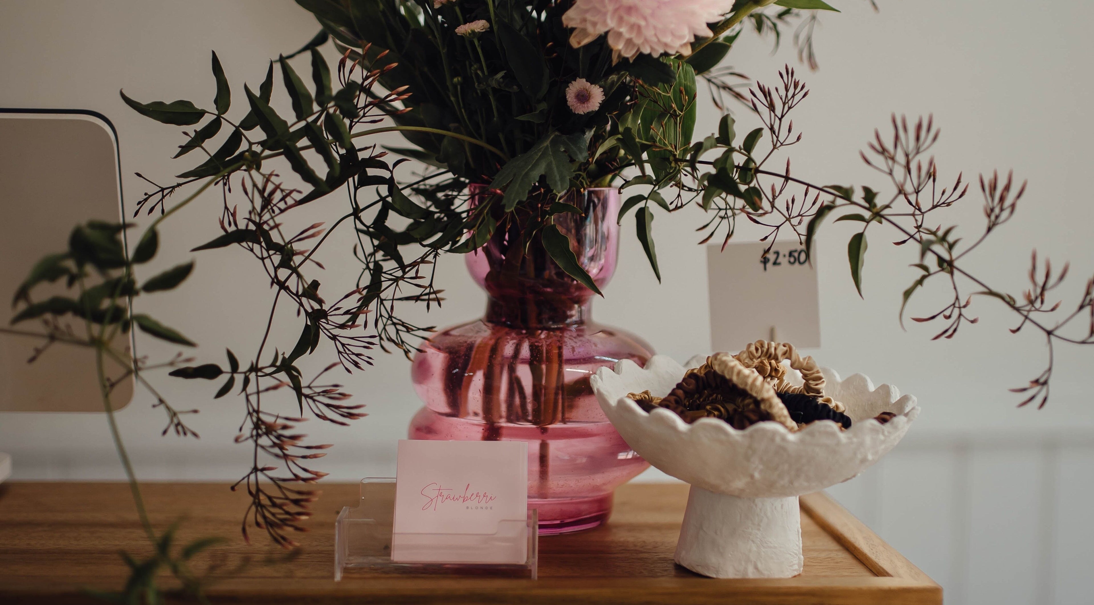 Chic floral arrangement and stylish decor at Strawberri Blonde, Geeveston, Tasmania, AU.