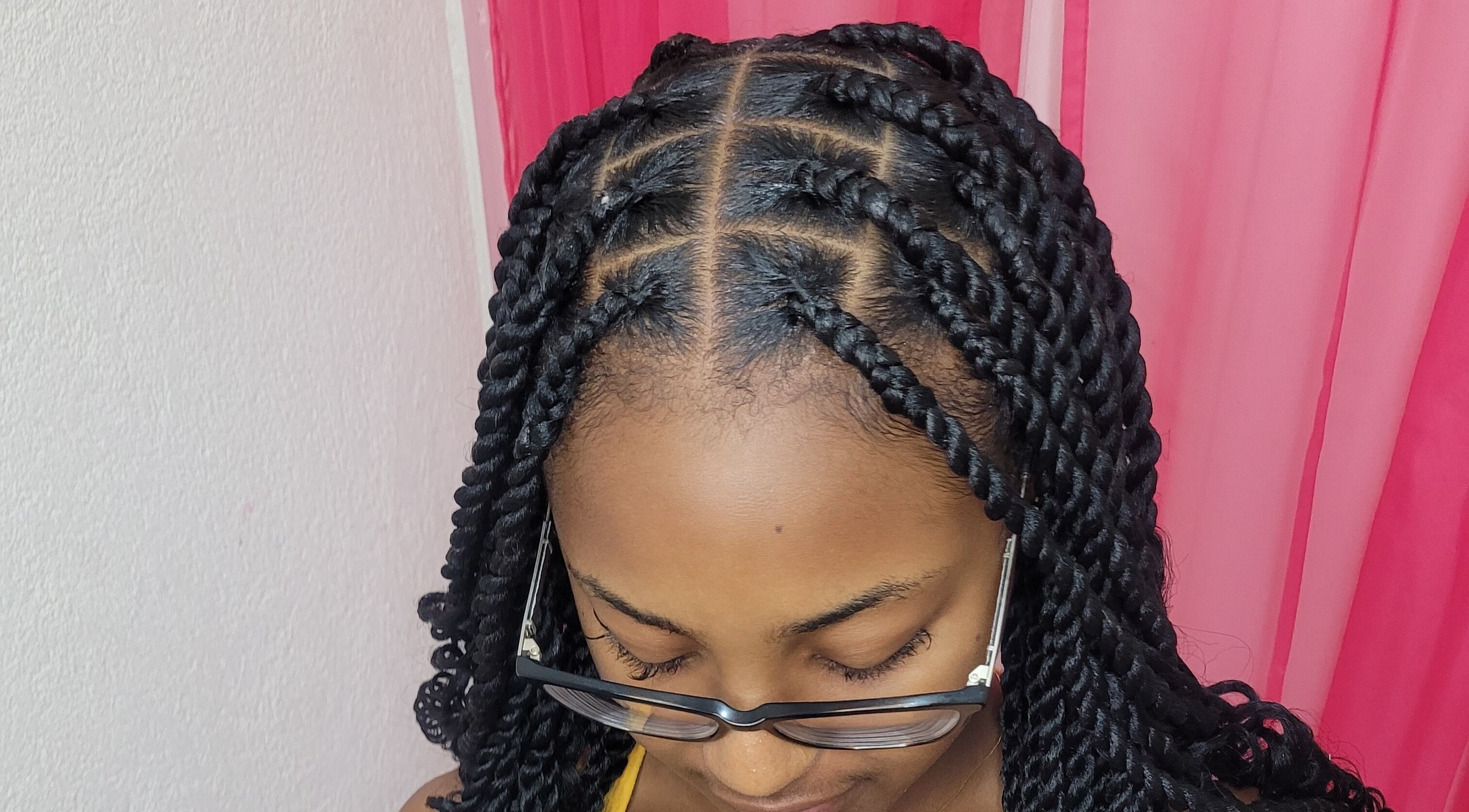 Woman with intricate braids at M'Shantelle Beautii, Speightstown, Saint Peter, BB.