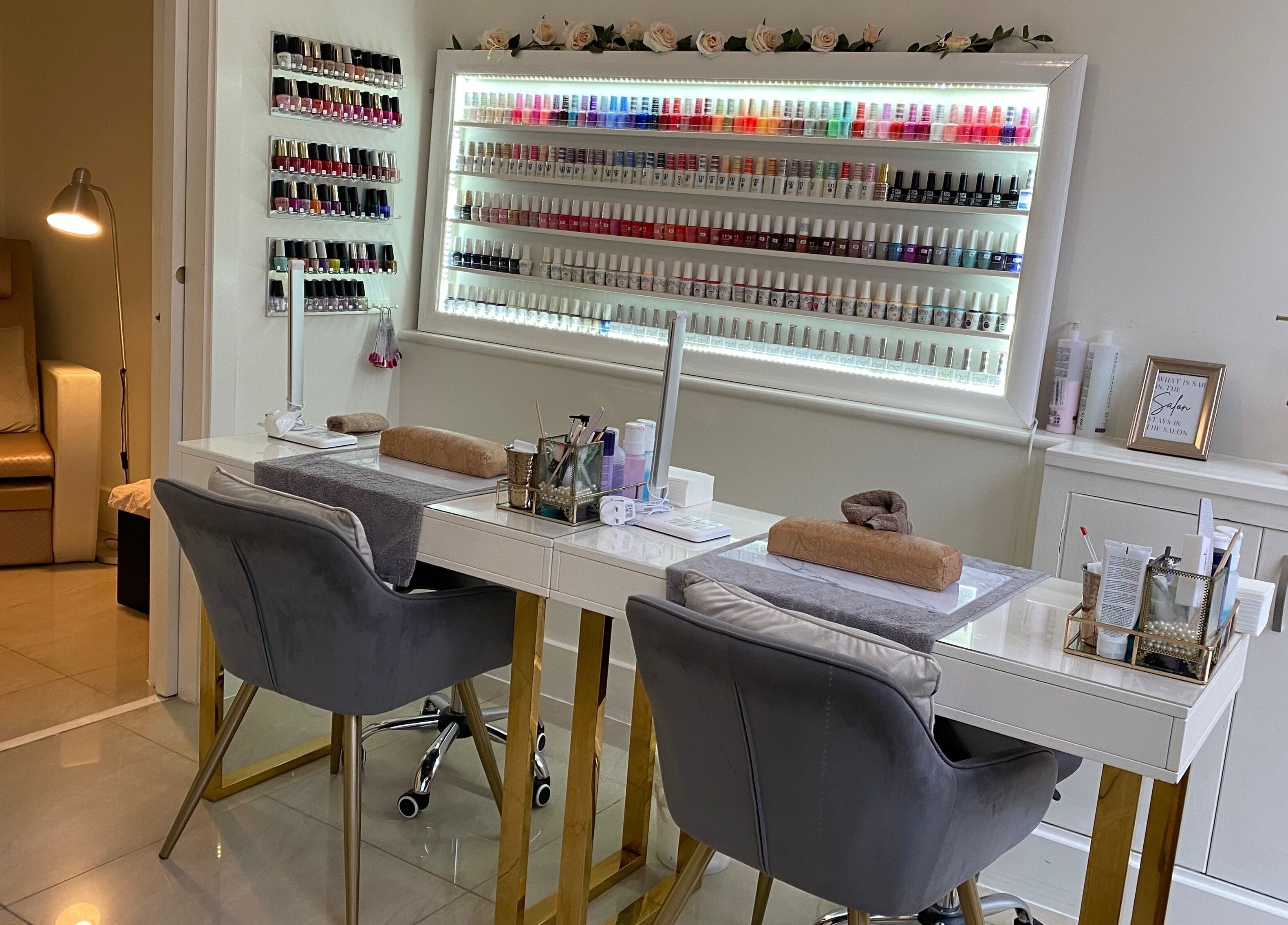 Manicure station at Beauty at No.1, featuring nail polish display in Berkhamsted, England, GB.