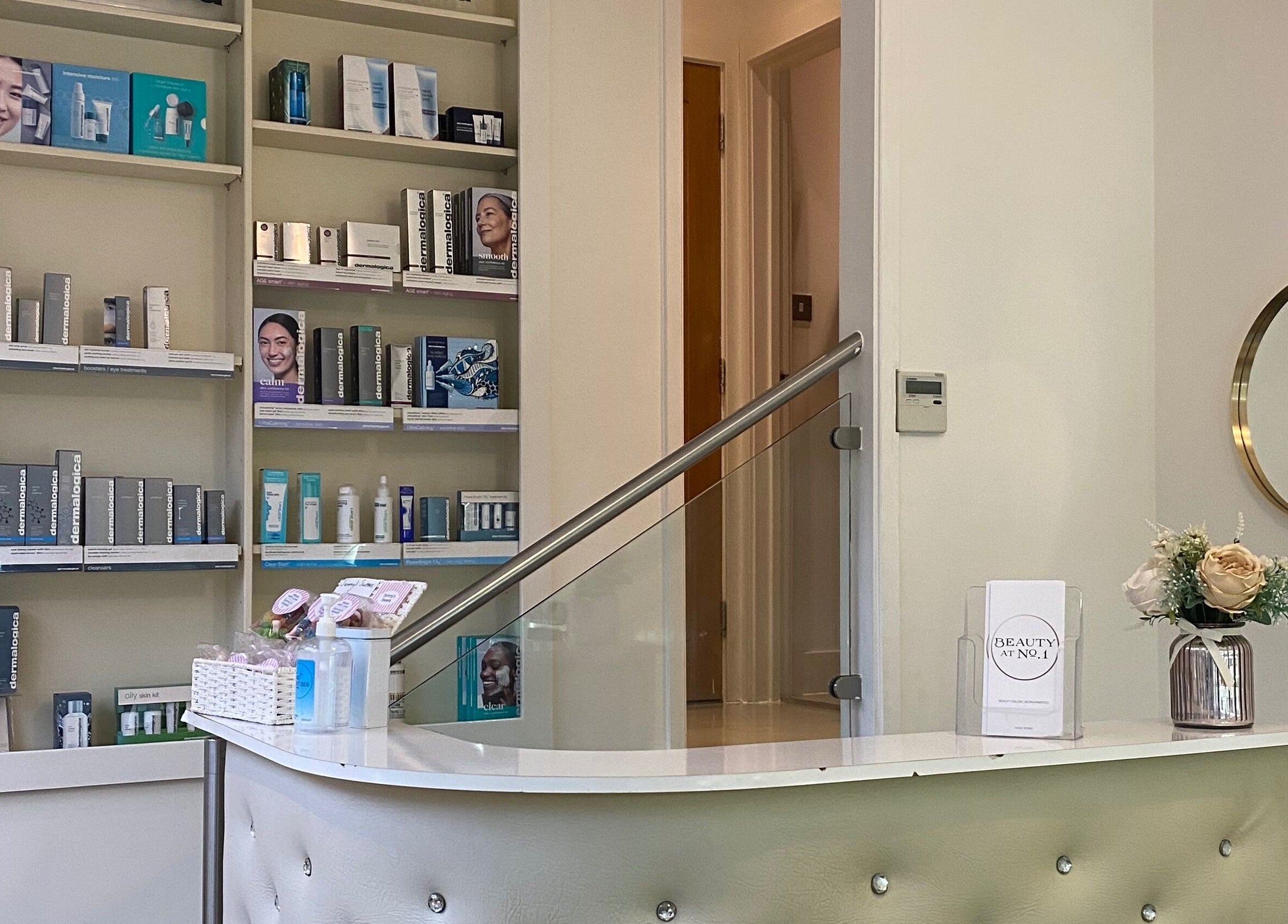 Reception at Beauty at No.1 with skincare shelves in Berkhamsted, England, GB.