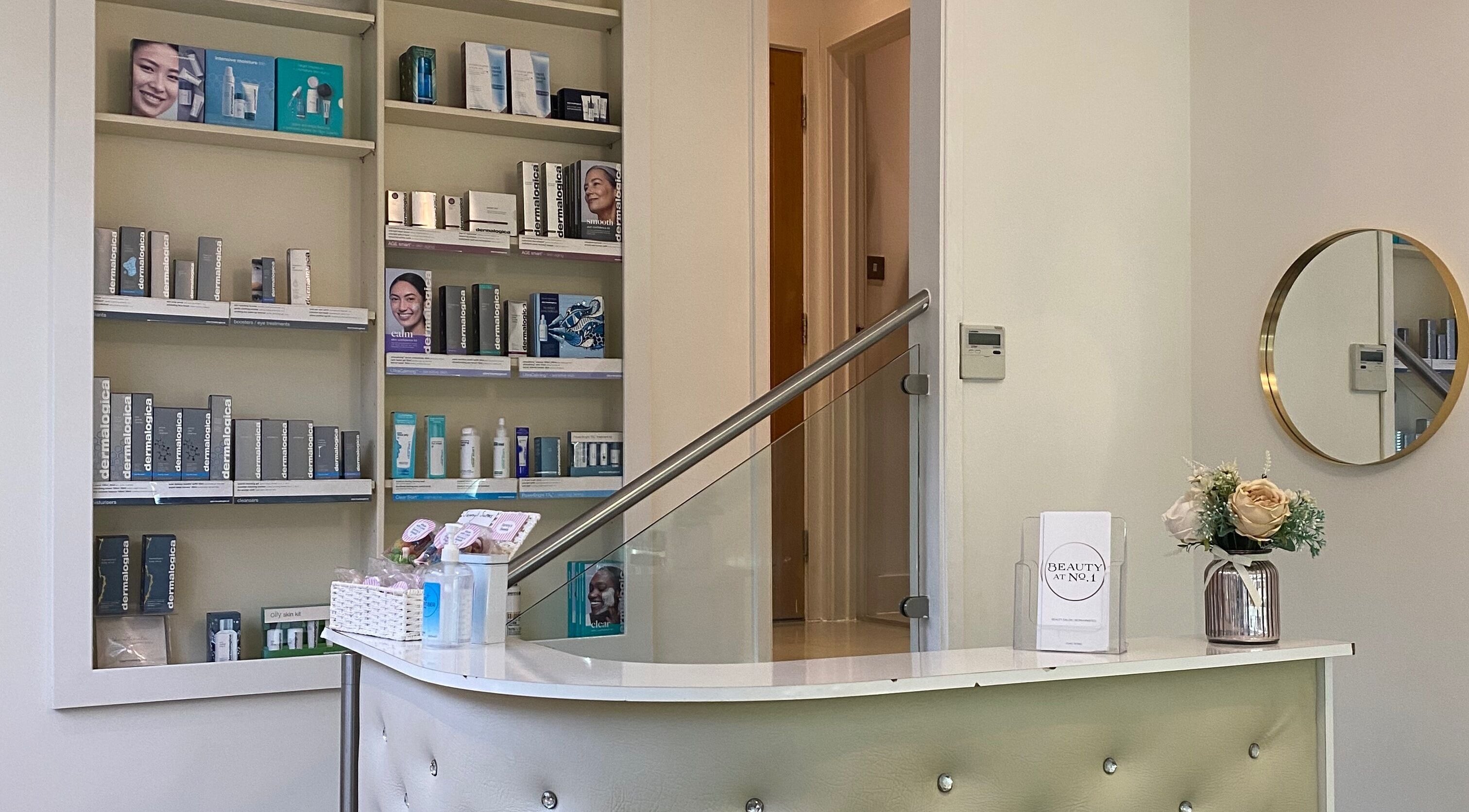 Reception at Beauty at No.1 with skincare shelves in Berkhamsted, England, GB.