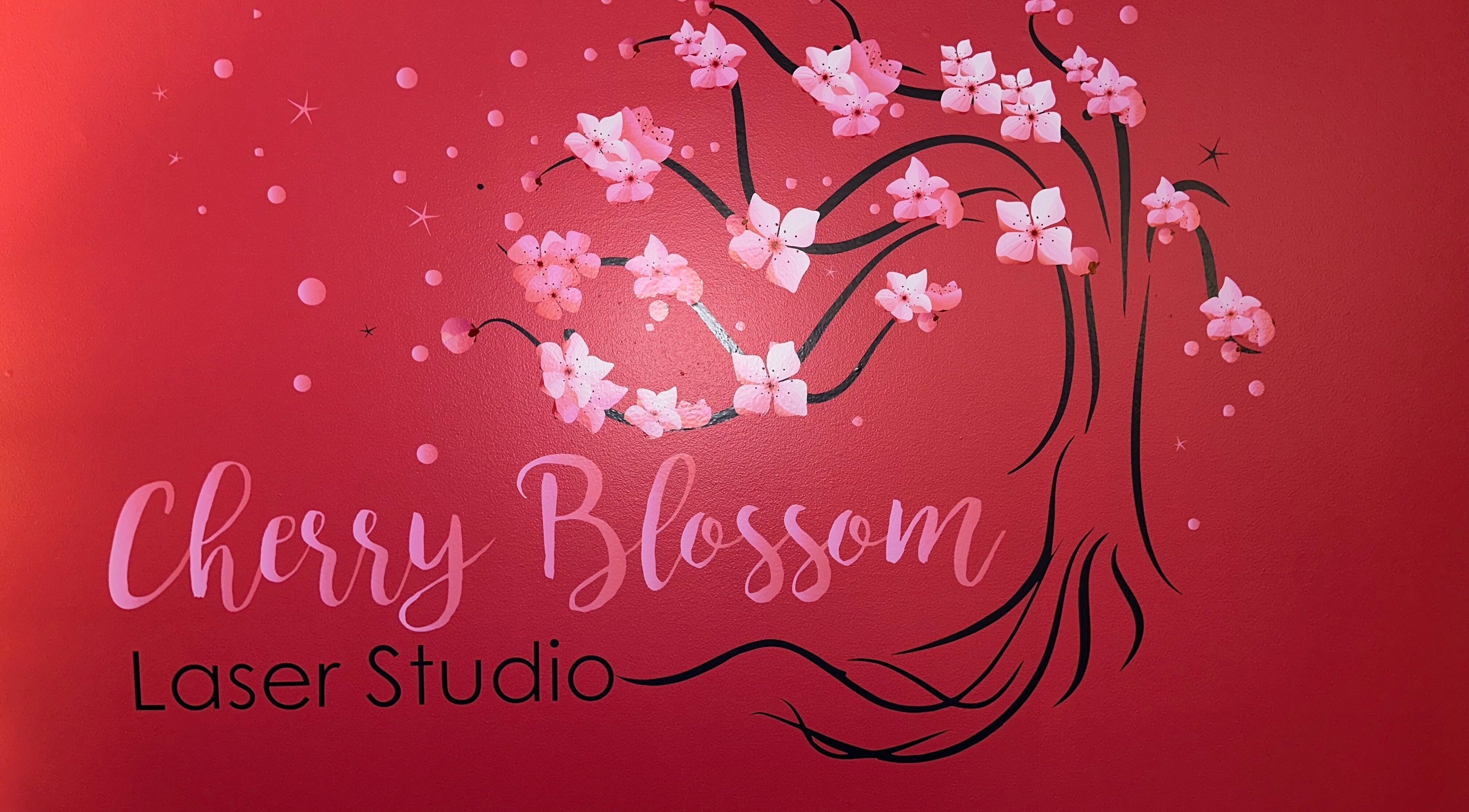 Cherry Blossom Laser Studio wall art in Fairfax, Virginia, US, featuring pink blossoms against a red background.