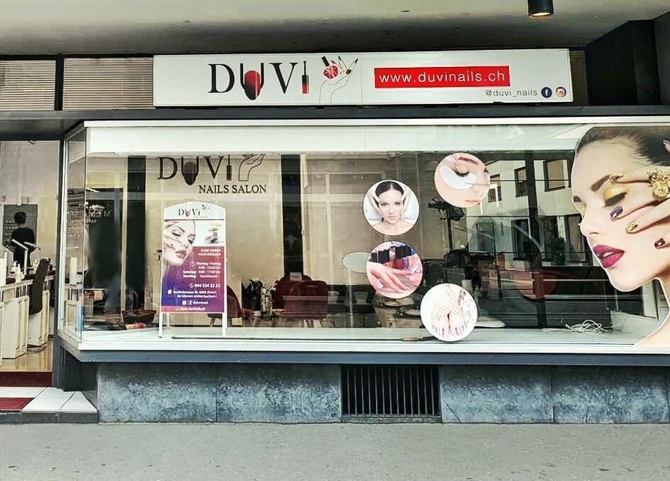 Front view of Duvi Nails Salon - Zurich showcasing vibrant nail art graphics, located in Zürich, Zürich, CH.