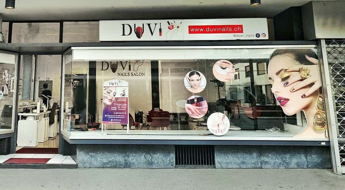 Front view of Duvi Nails Salon - Zurich showcasing vibrant nail art graphics, located in Zürich, Zürich, CH.