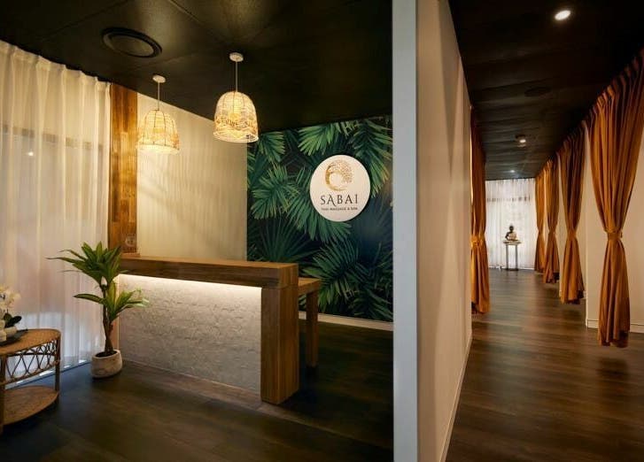 Sabai Thai Massage & Spa's serene reception area with lush decor in Menai, New South Wales, AU.