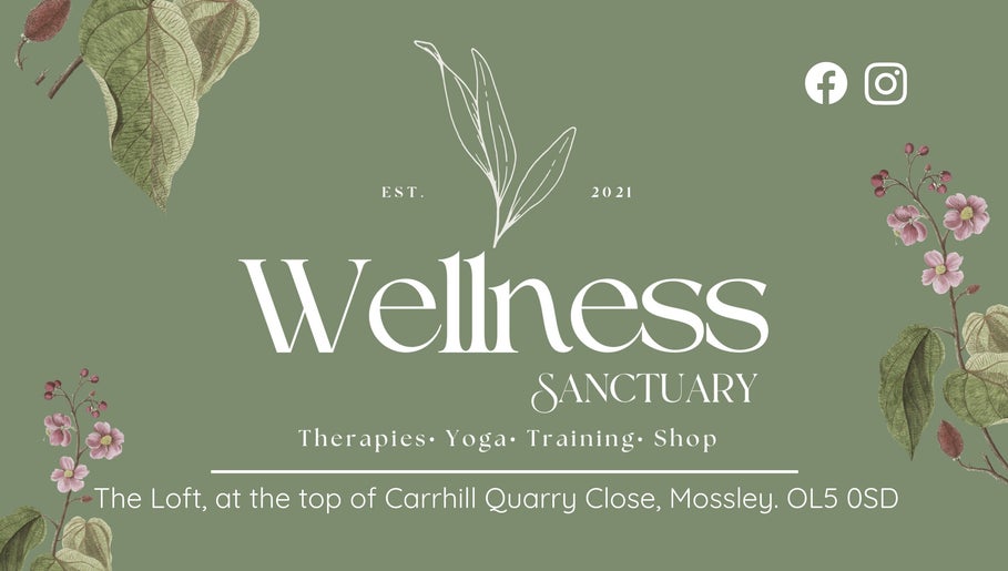 Elegant logo of Wellness Sanctuary-Mossley, located in Mossley, England, GB with floral accents.