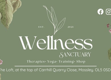 Elegant logo of Wellness Sanctuary-Mossley, located in Mossley, England, GB with floral accents.