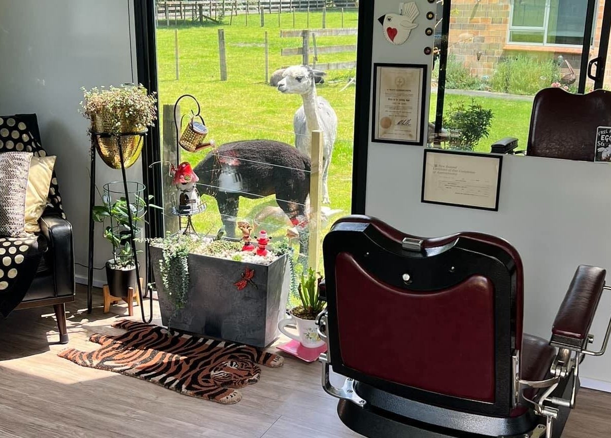 Inviting interior of Kaska Kuts Barber, Hamurana, Bay of Plenty, NZ, with a vintage chair and scenic view.