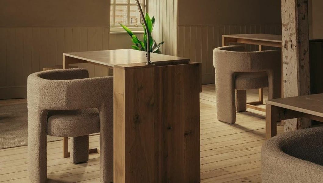 Rustic minimalist seating area at Buff St Ninian's Manse, Edinburgh, Scotland, GB.