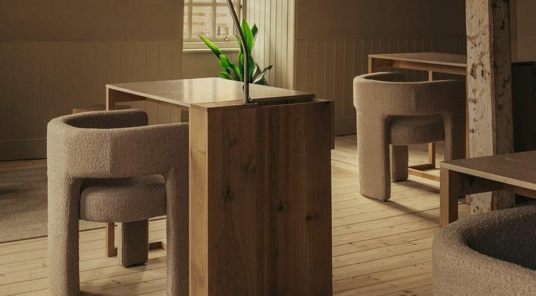 Rustic minimalist seating area at Buff St Ninian's Manse, Edinburgh, Scotland, GB.