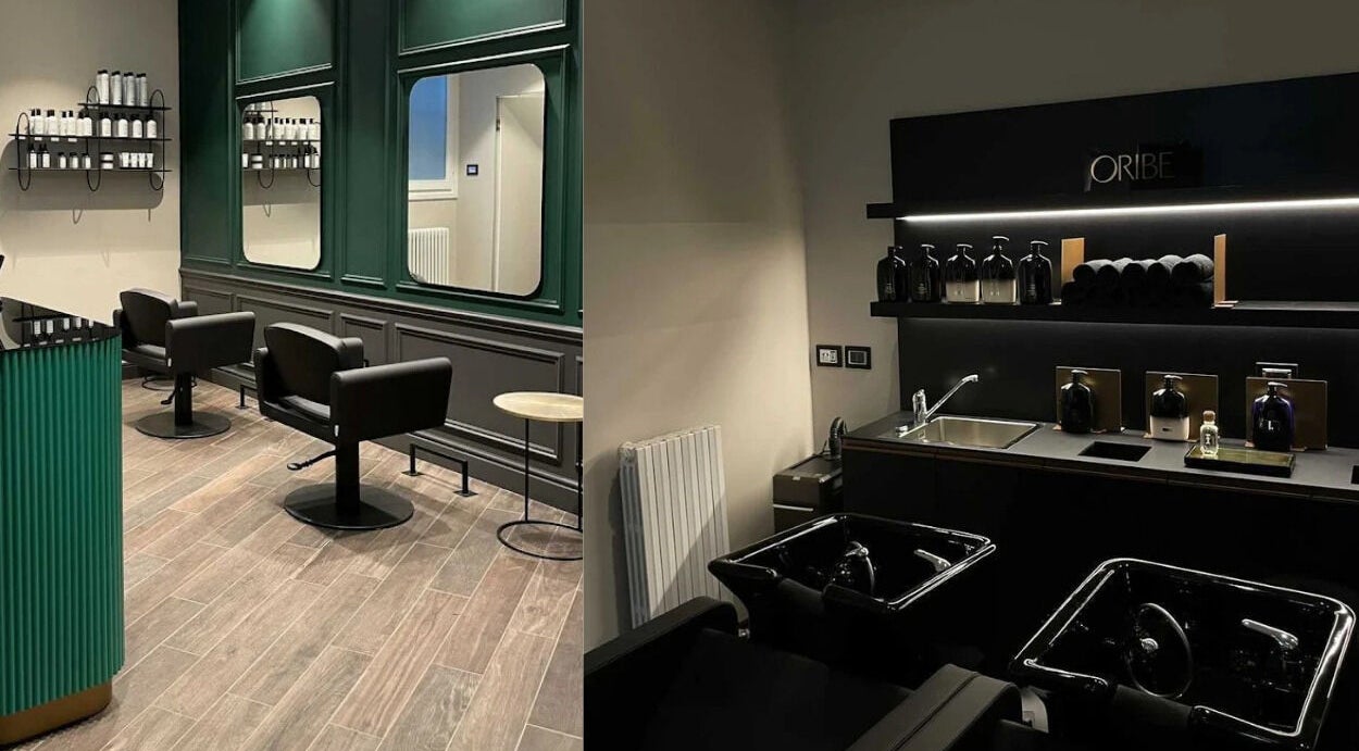 Interno elegante di Encapture - Hair Salon & More a Como, Lombardia, IT, con sedie e specchi raffinati.