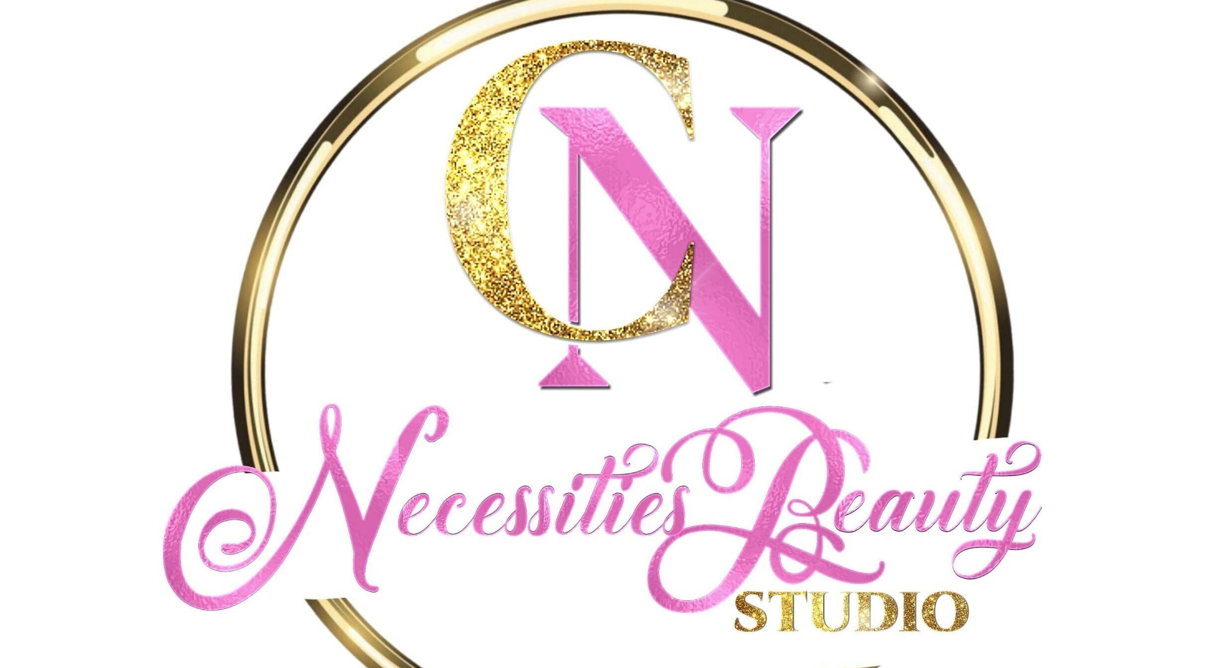 Necessities Beauty Studio logo in pink and gold. Located in Mandeville, Manchester Parish, JM.